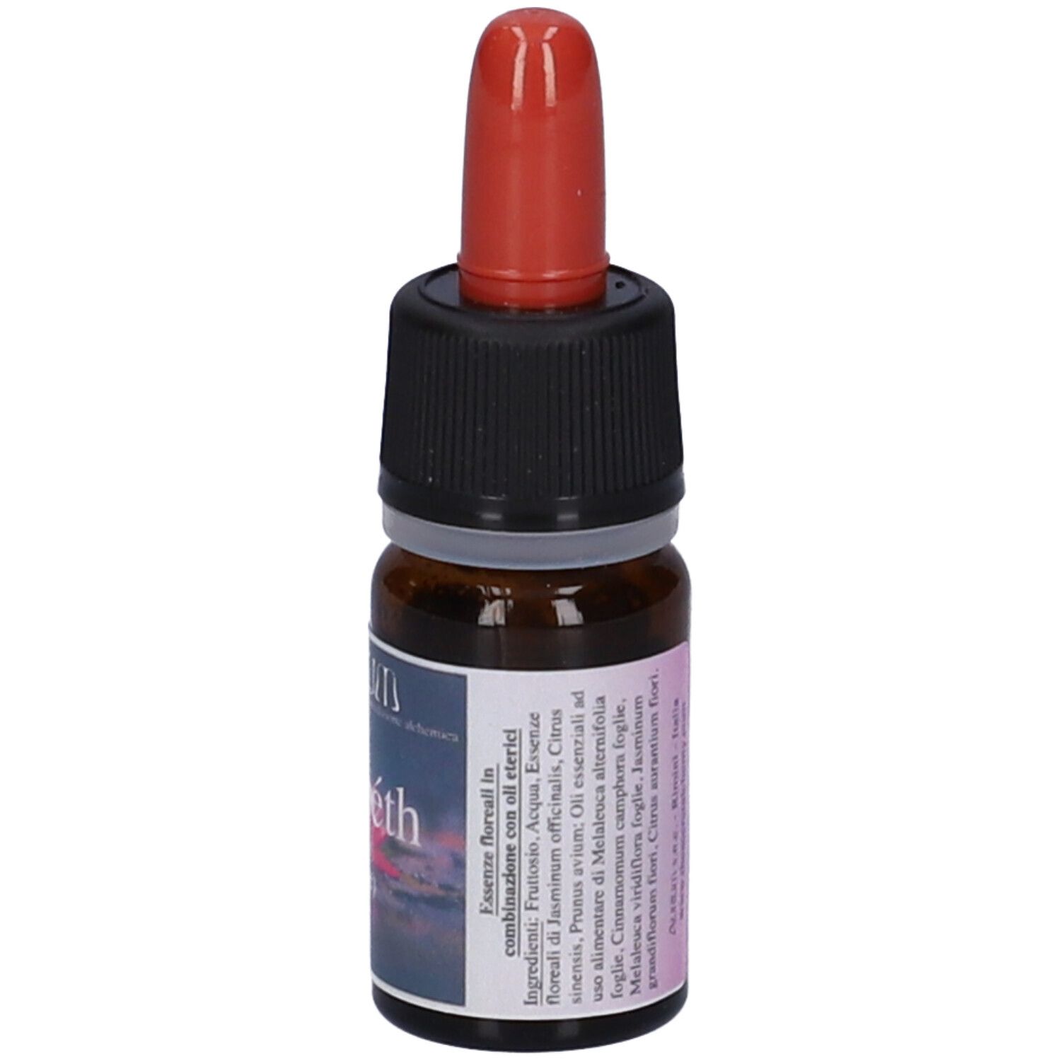 Flacone di vetro marrone con contagocce rosso. Tappo nero. Etichetta con testo.