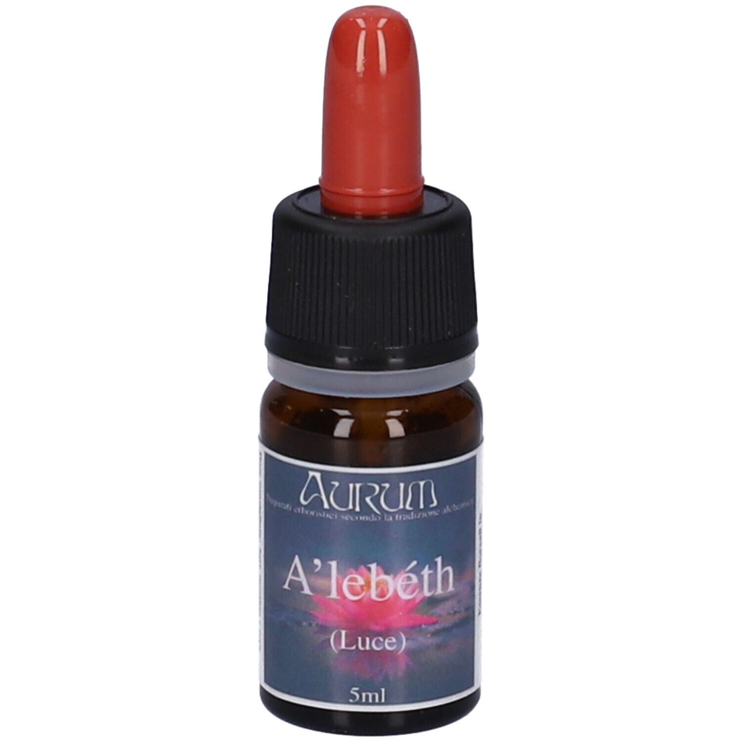 Flacone di vetro marrone con contagocce rosso. Tappo nero. Etichetta con testo.