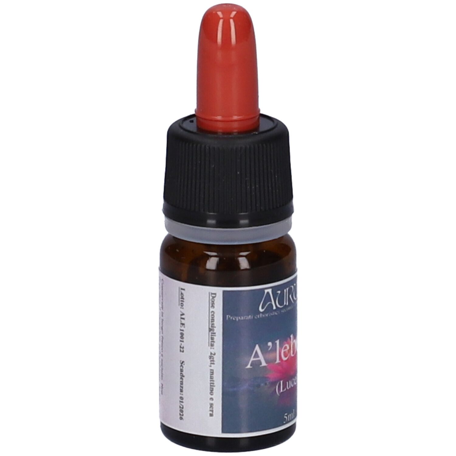 Flacone di vetro marrone con contagocce rosso. Tappo nero. Etichetta con testo.