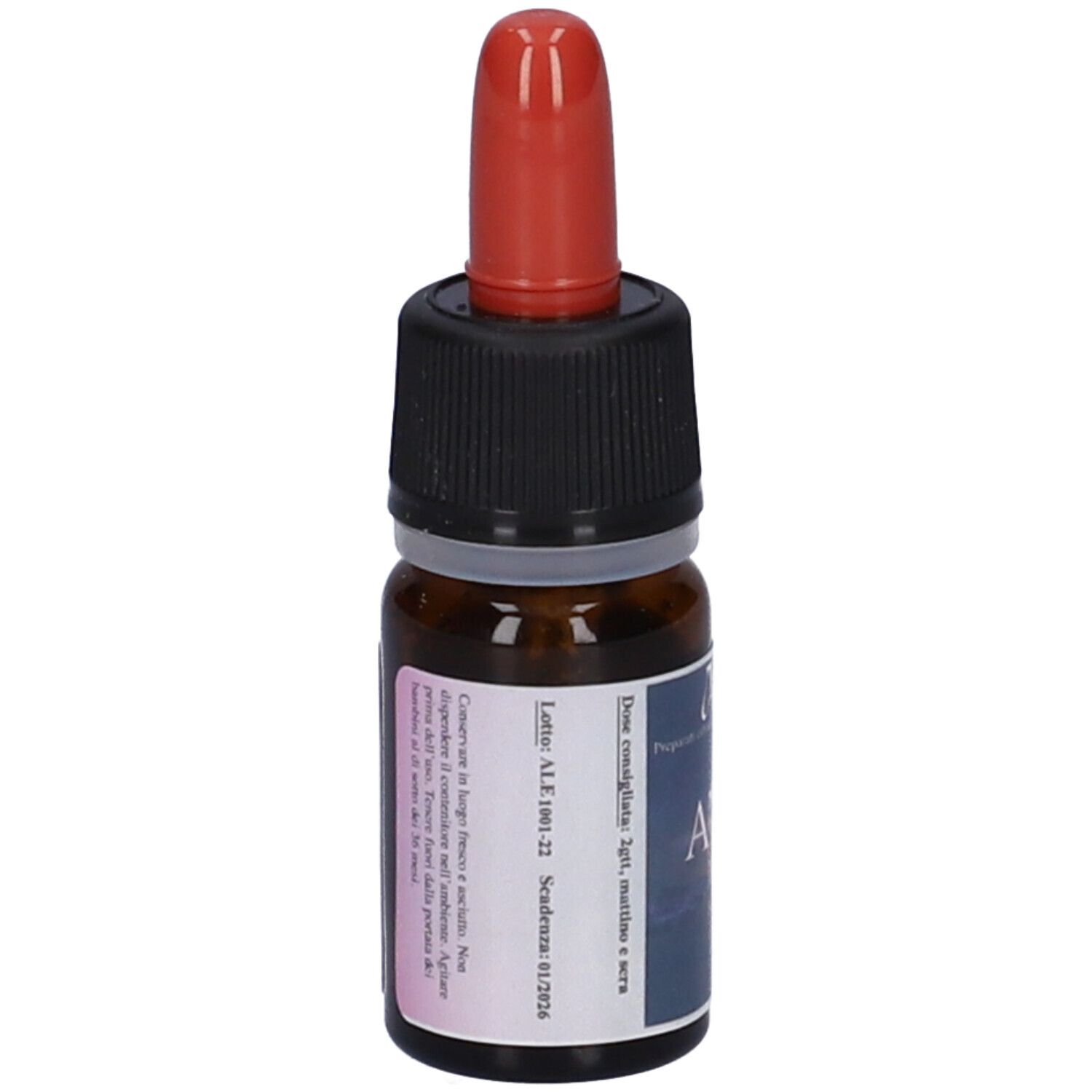 Flacone di vetro marrone con contagocce rosso. Tappo nero. Etichetta con testo.