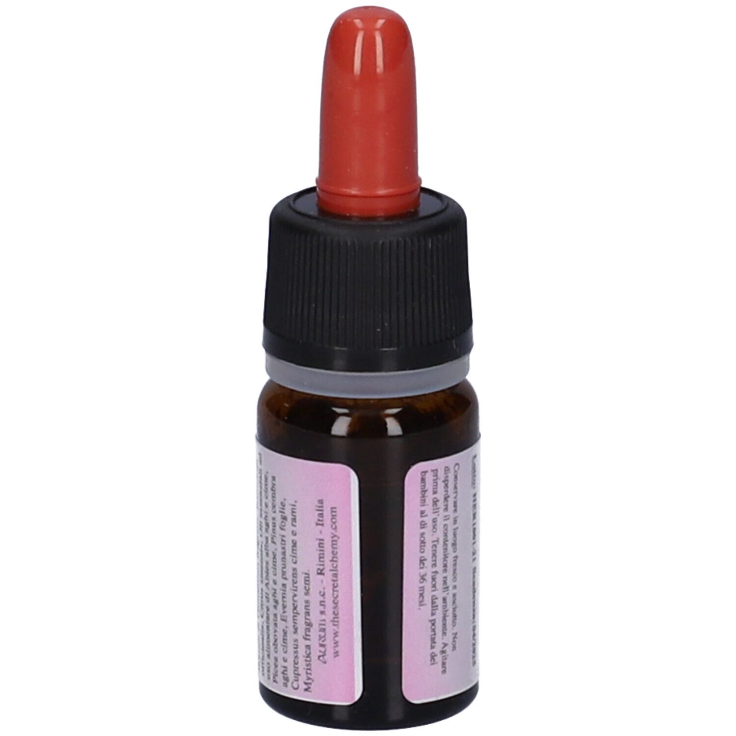 Flacone di vetro marrone con contagocce rosso. Etichetta con testo.