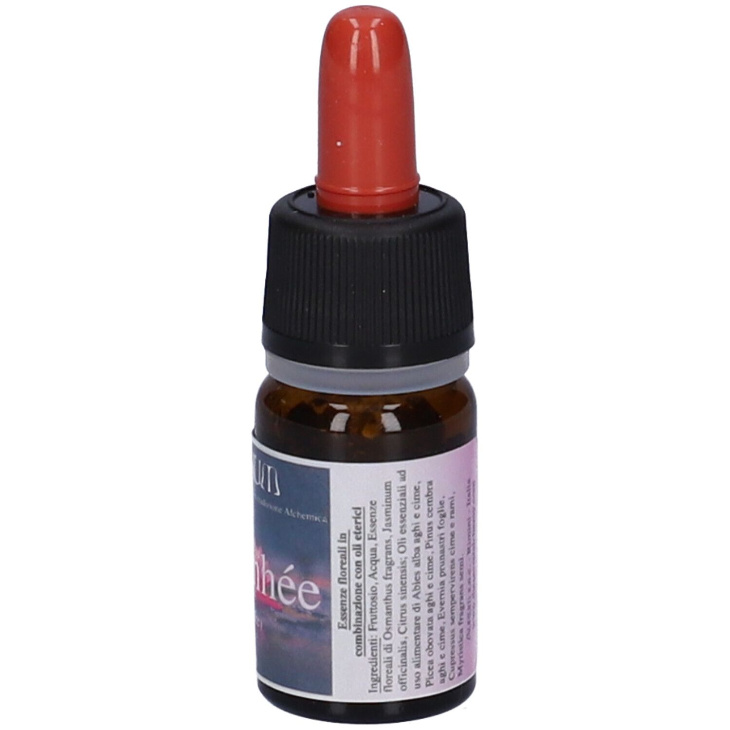 Flacone di vetro marrone con contagocce rosso. Etichetta con ingredienti.