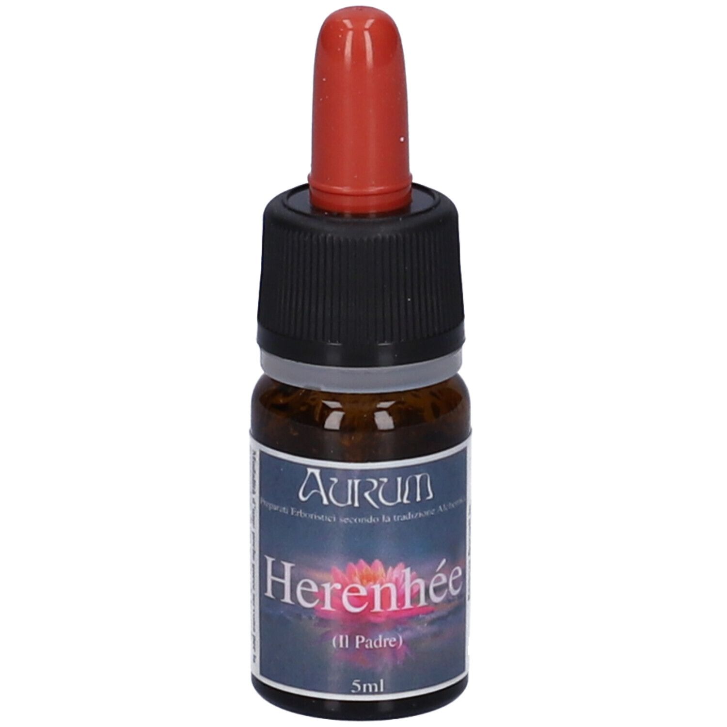 Flacone di vetro marrone con contagocce rosso. Scritta Herenhee (Il Padre) 5ml.