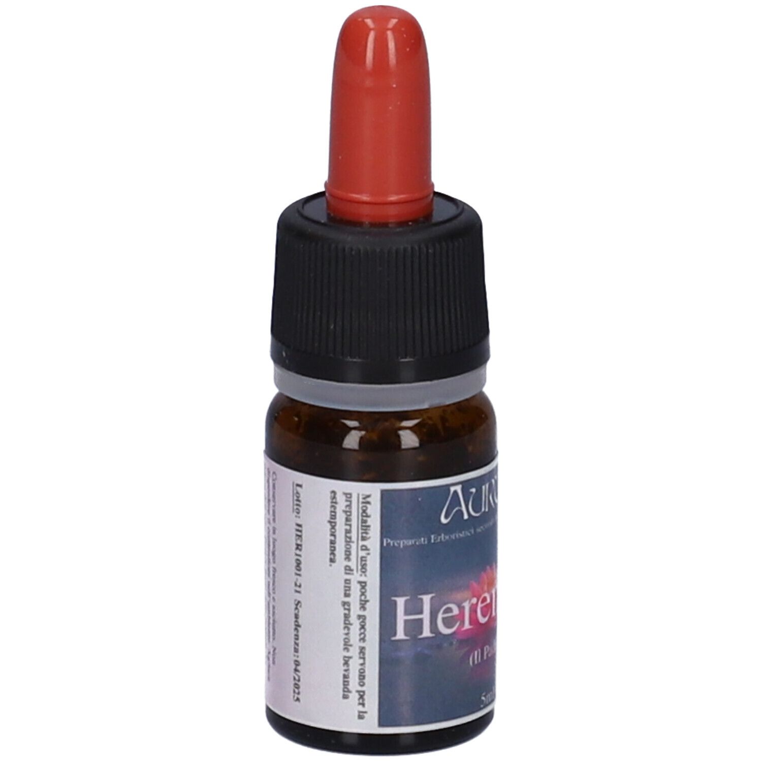 Flacone di vetro marrone con contagocce rosso. Scritta Herenhee (Il Padre) 5ml.
