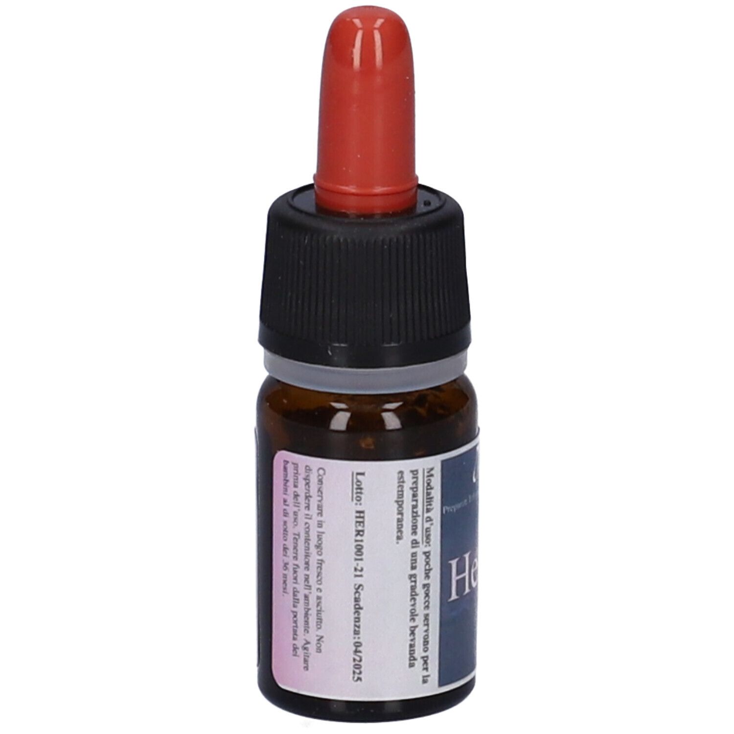 Flacone di vetro marrone con contagocce rosso. Etichetta con testo.