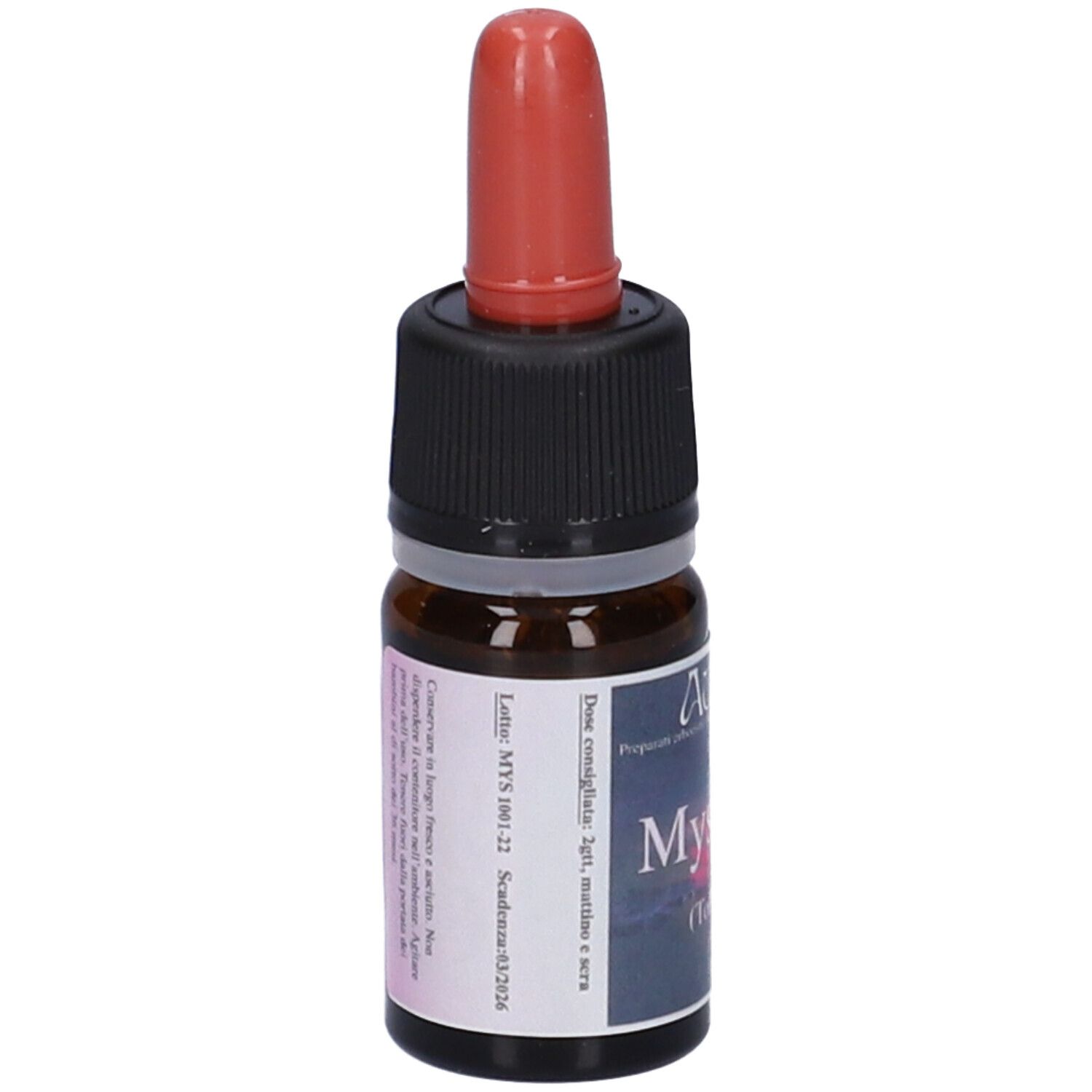 Flacone di vetro marrone con tappo nero e contagocce rosso. Scritta: Mysh'oor (Tolleranza) 5ml. Etichetta con testo.