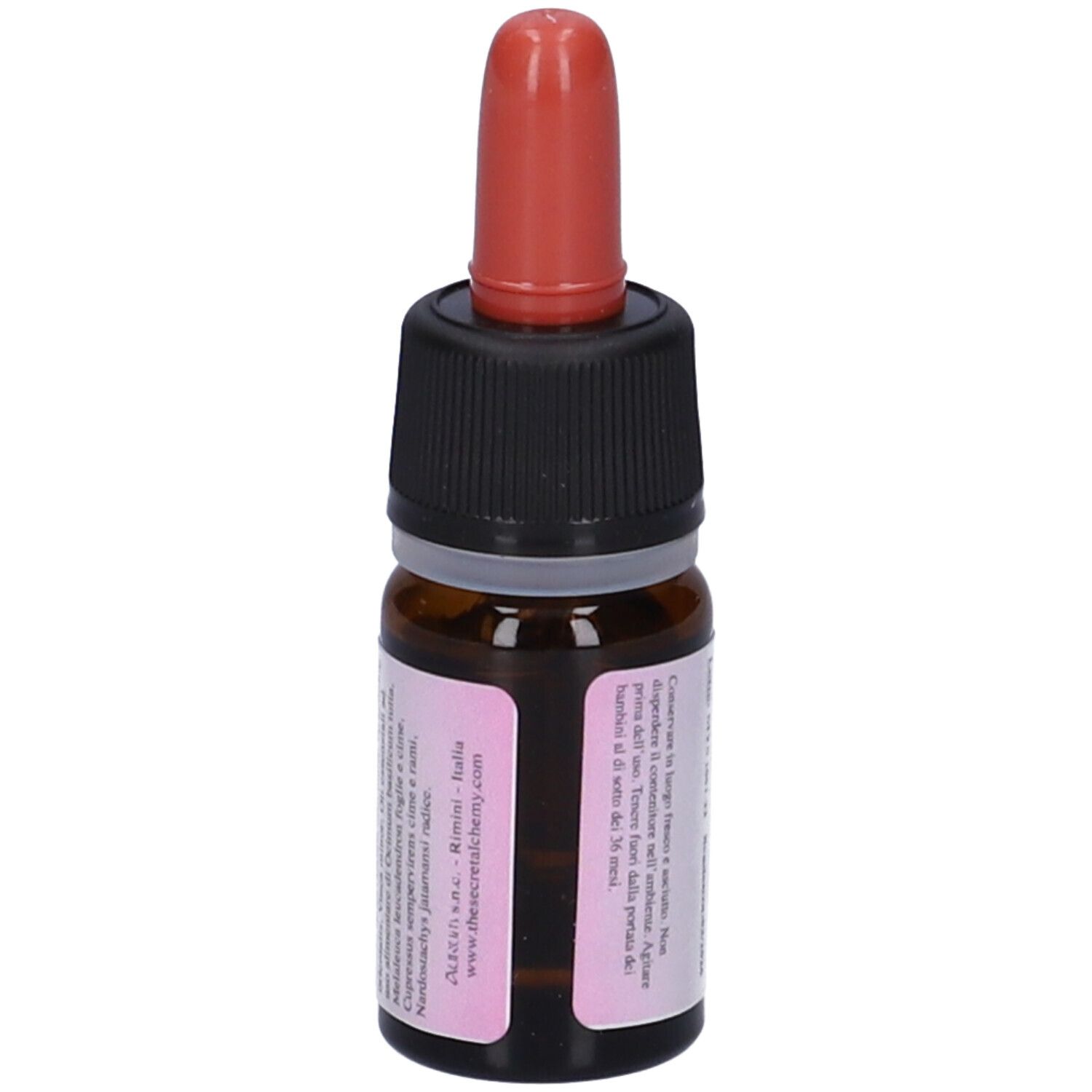 Flacone di vetro marrone con tappo nero e contagocce rosso. Etichetta con testo. Marchio: Aurum.