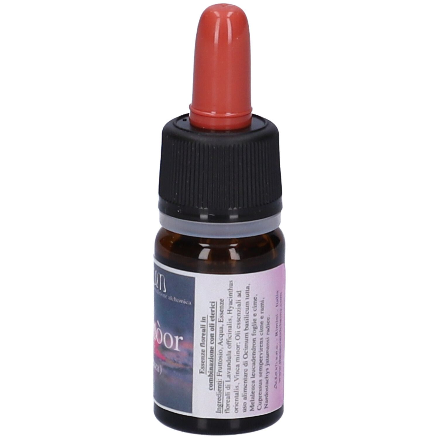 Flacone di vetro marrone con tappo nero e contagocce rosso. Etichetta con testo. Marchio: Aurum.