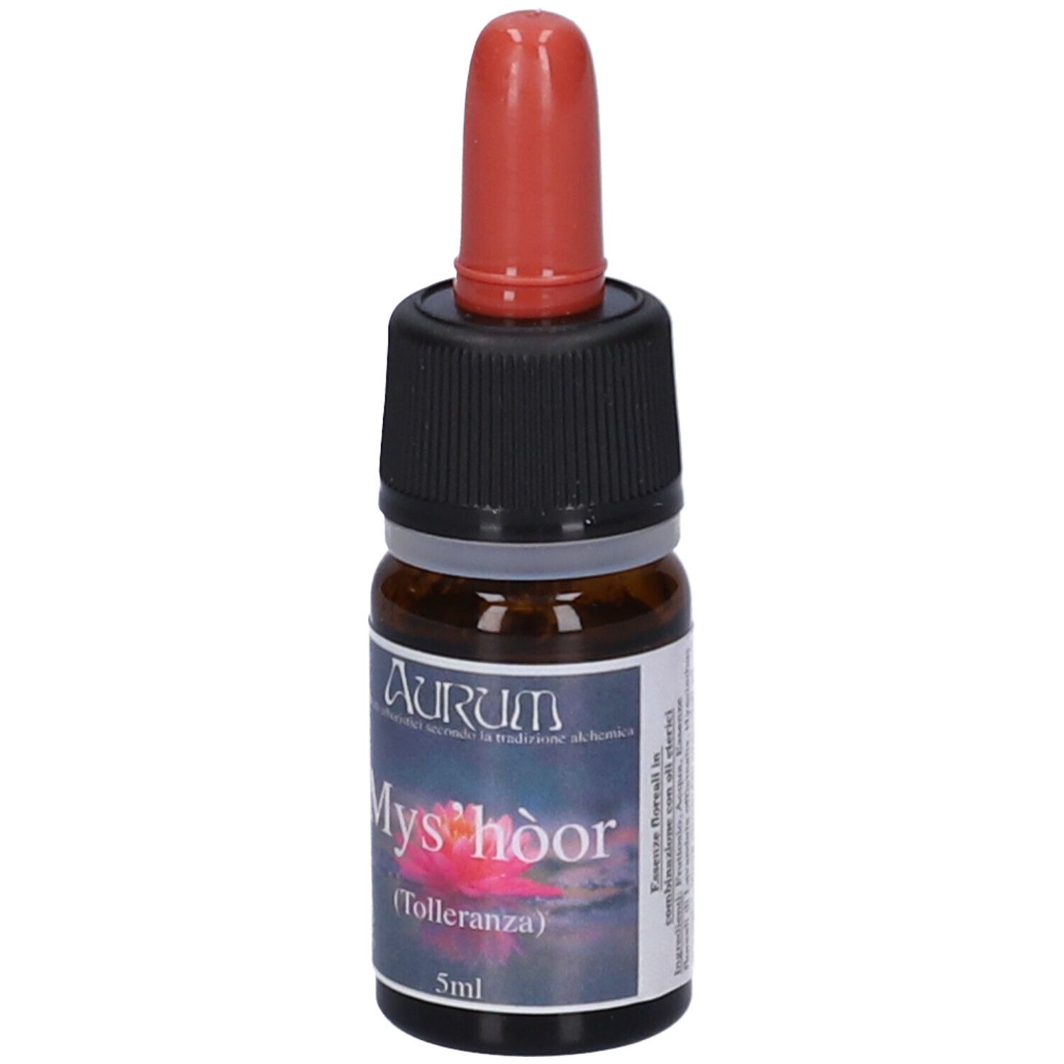 Flacone di vetro marrone con tappo nero e contagocce rosso. Scritta: Mysh'oor (Tolleranza) 5ml. Marchio: Aurum.