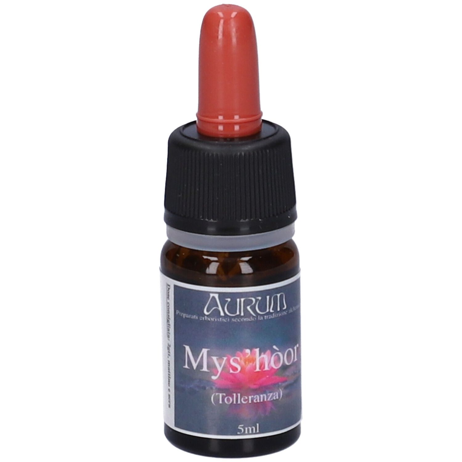 Flacone di vetro marrone con tappo nero e contagocce rosso. Scritta: Mysh'oor (Tolleranza) 5ml. Marchio: Aurum.