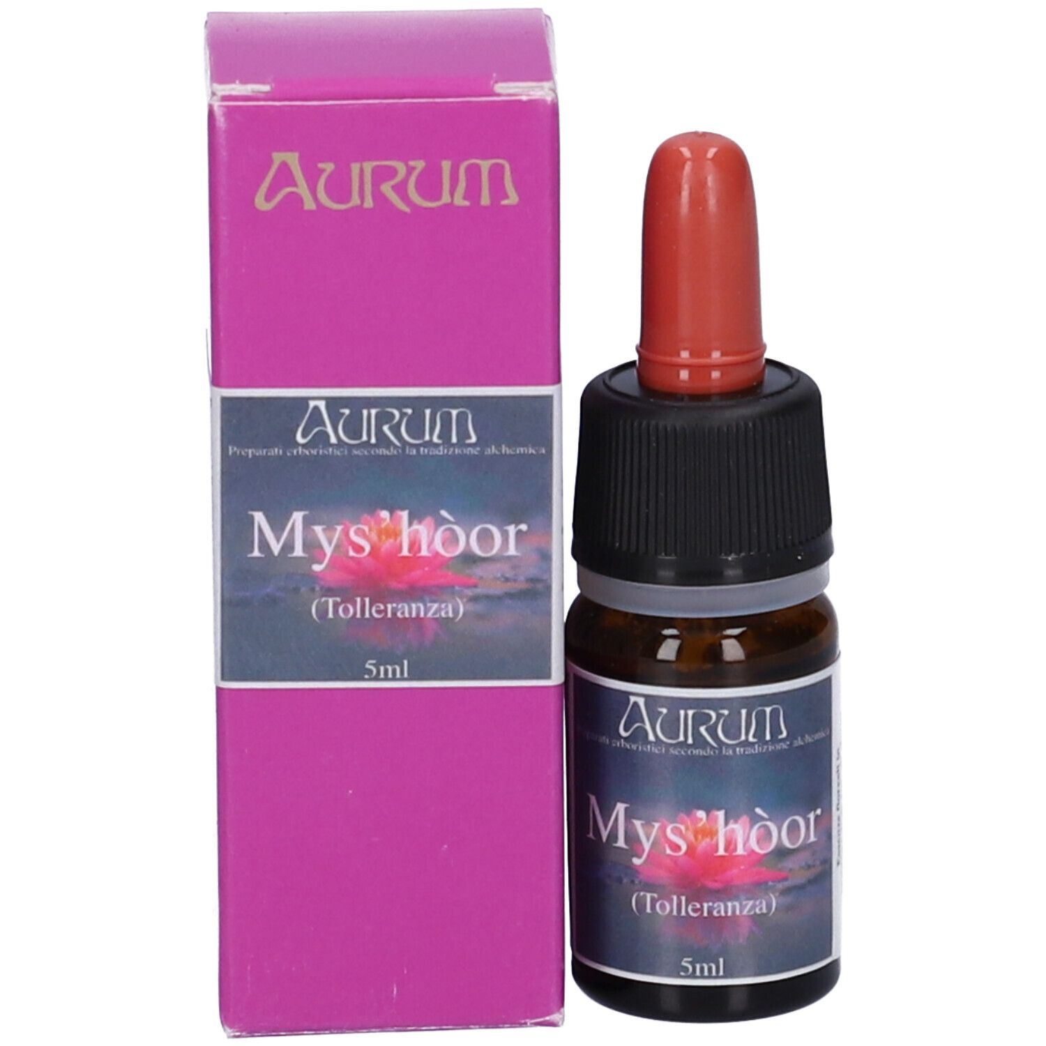 Flacone di vetro marrone con tappo nero e contagocce rosso accanto a una scatola rosa. Scritta: Mysh'oor (Tolleranza) 5ml.