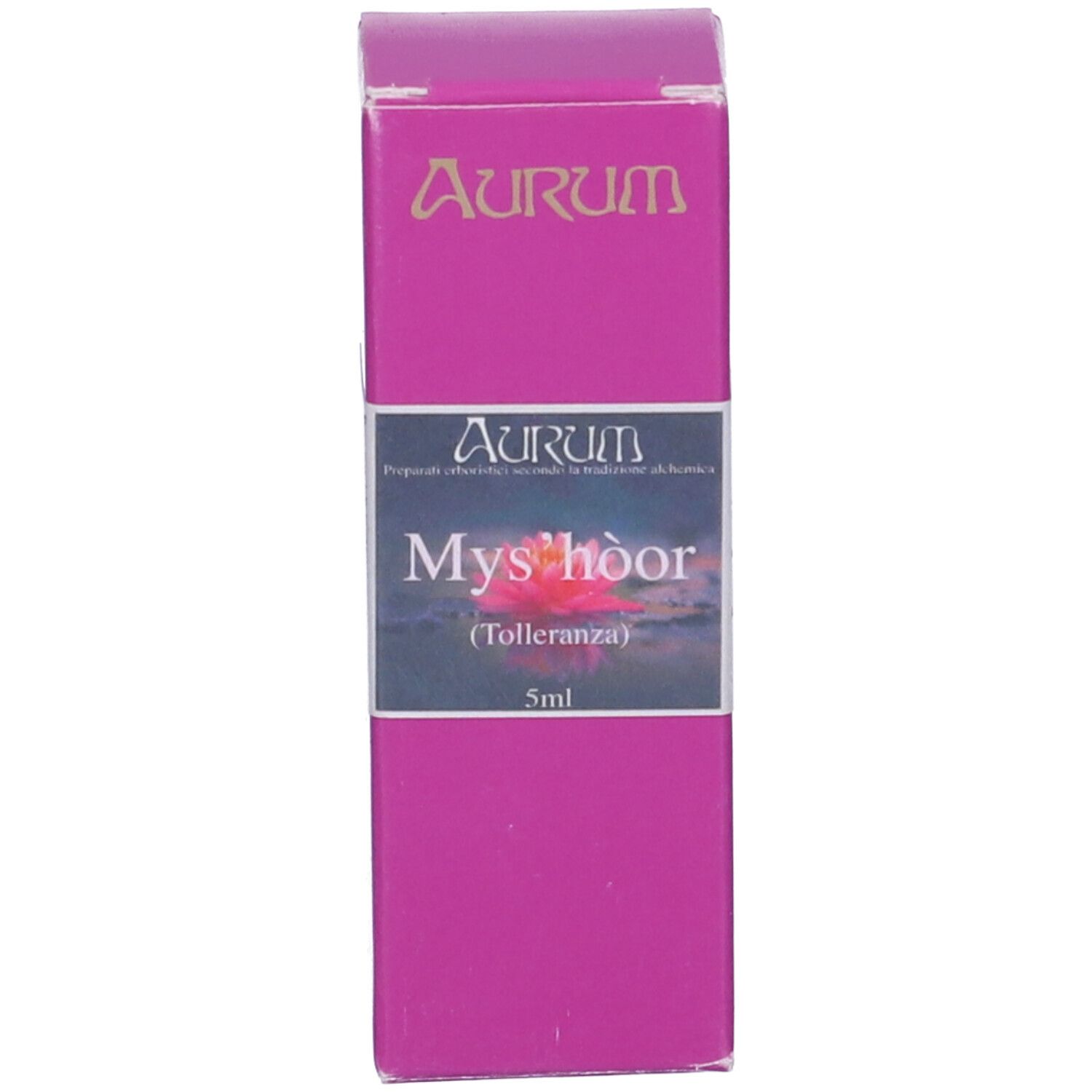 Scatola rosa con scritta: Mysh'oor (Tolleranza) 5ml. Marchio: Aurum.