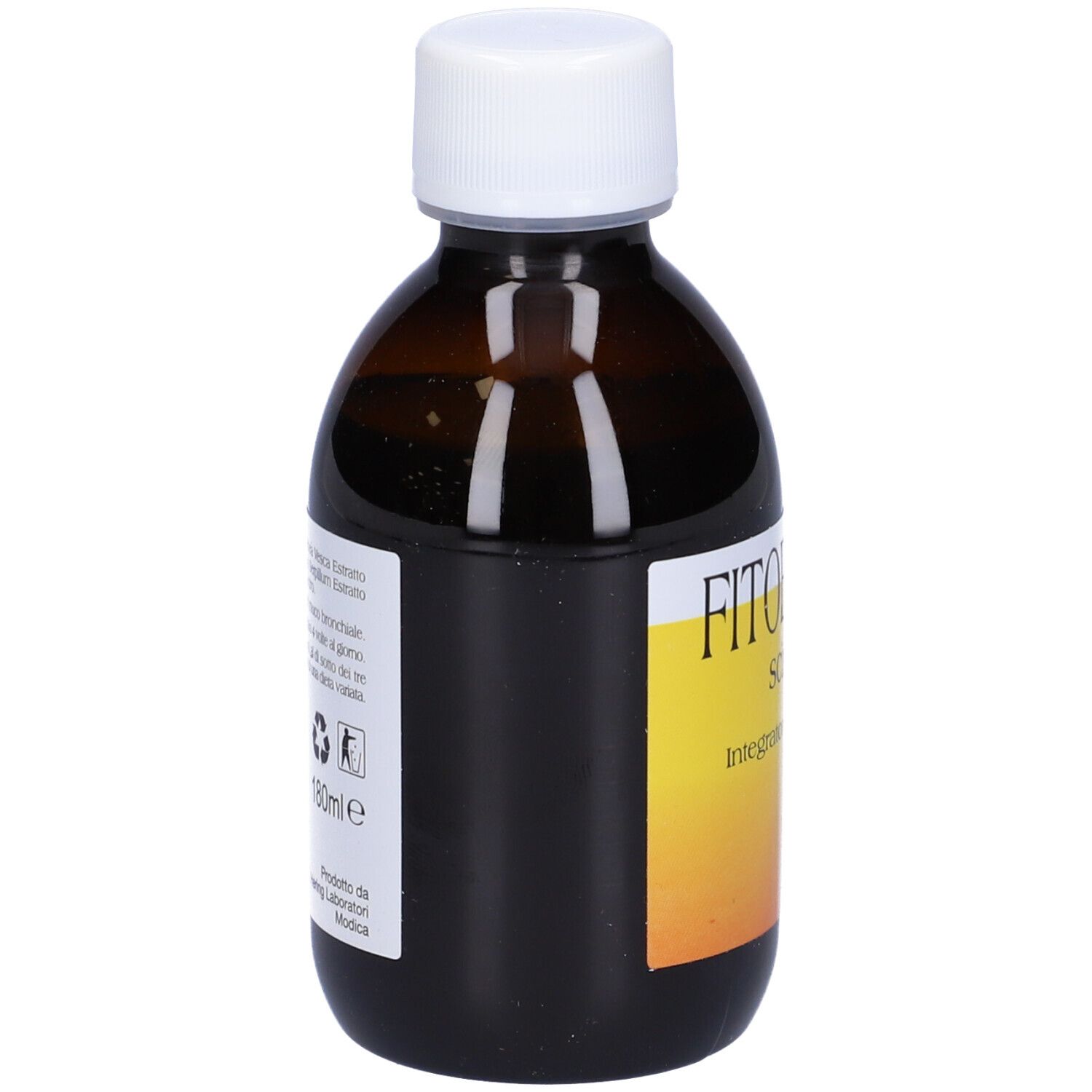 Flacone marrone con tappo bianco. Etichetta con informazioni e testo sul prodotto.