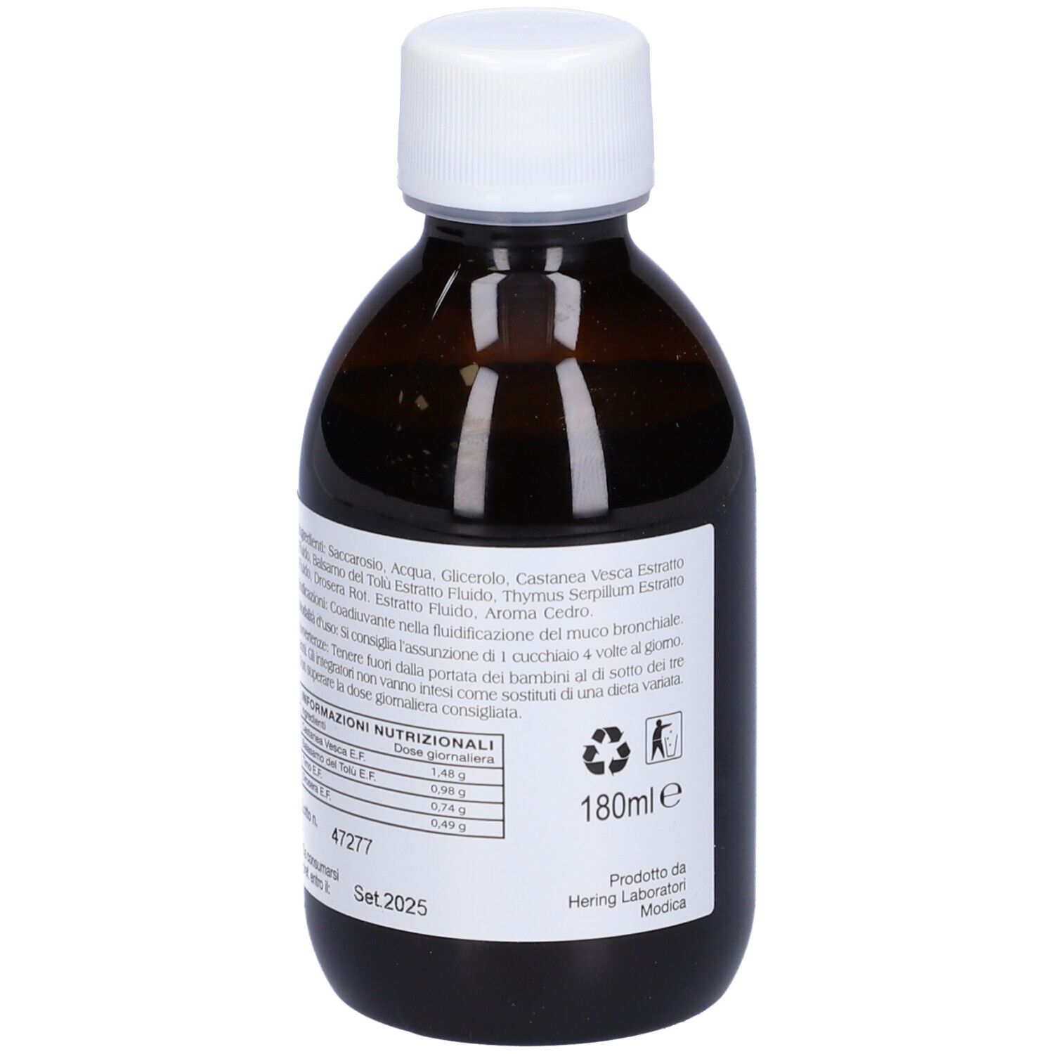 Flacone marrone con tappo bianco. Etichetta con ingredienti, informazioni nutrizionali e volume.