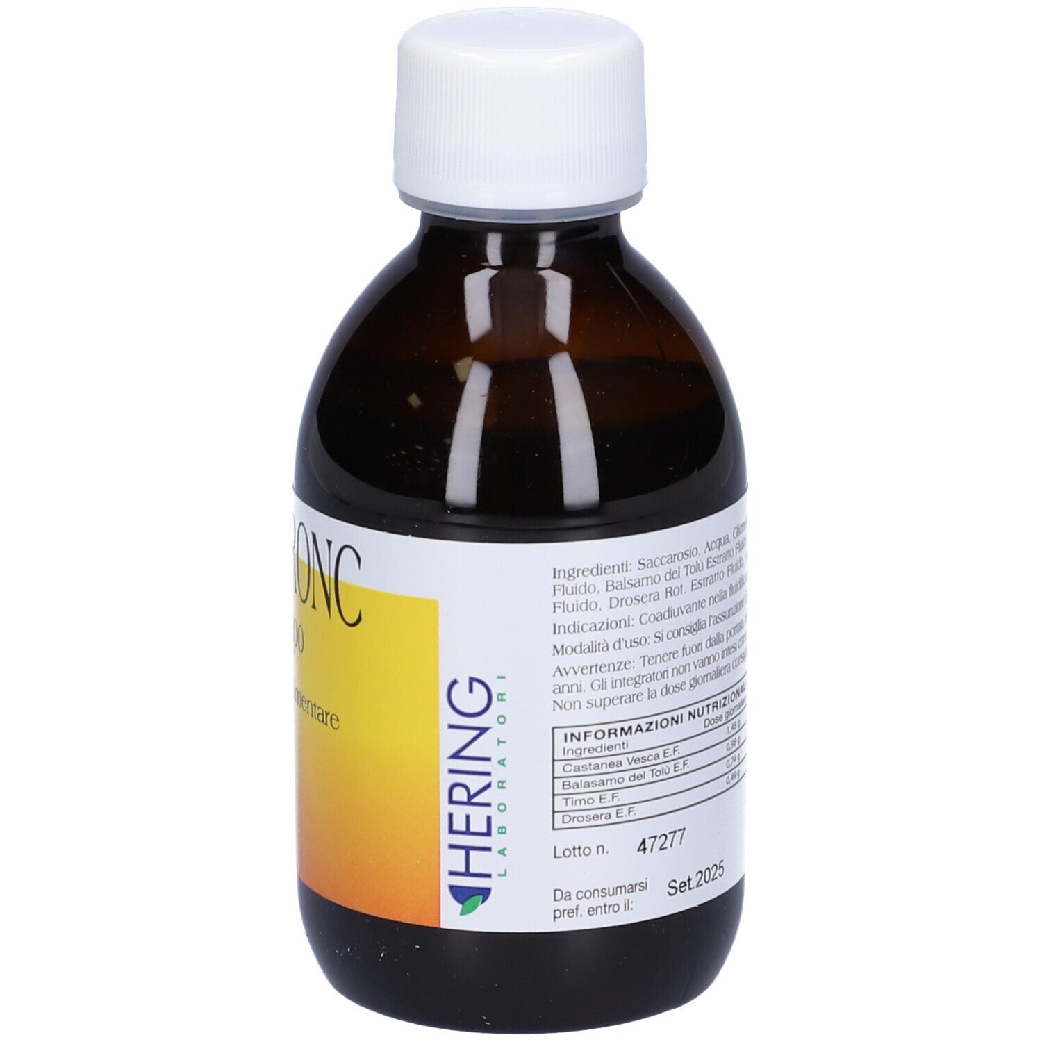 Flacone marrone con tappo bianco. Etichetta con ingredienti, informazioni nutrizionali e volume.