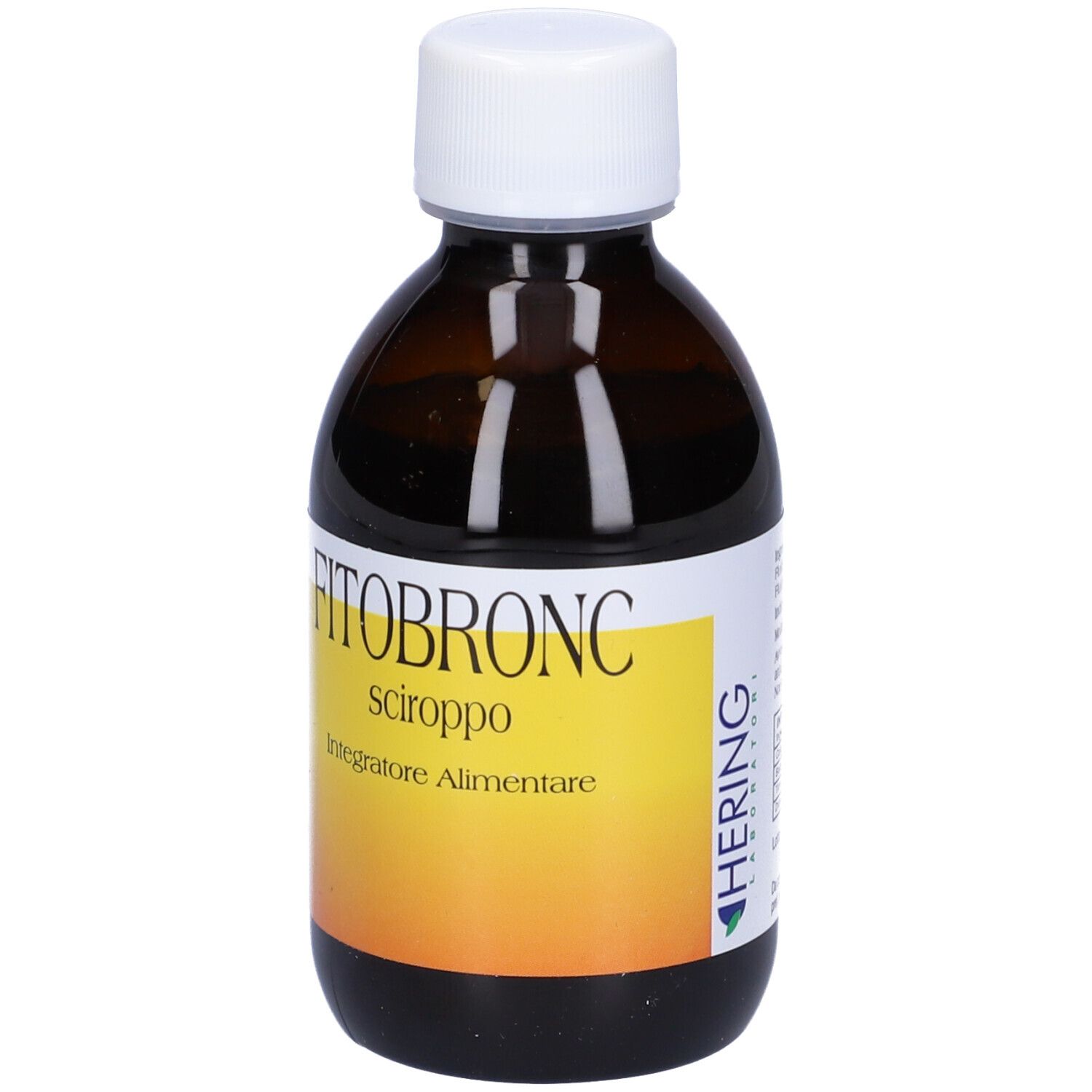 Flacone marrone con tappo bianco ed etichetta gialla. Nome del prodotto e testo sull'etichetta.