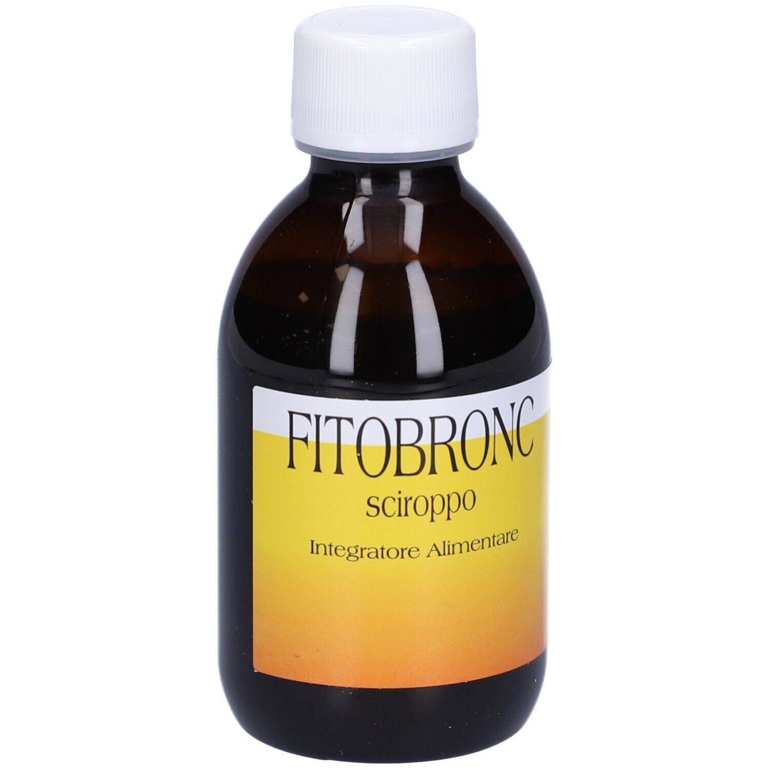 Flacone marrone con tappo bianco ed etichetta gialla. Nome del prodotto e testo sull'etichetta.