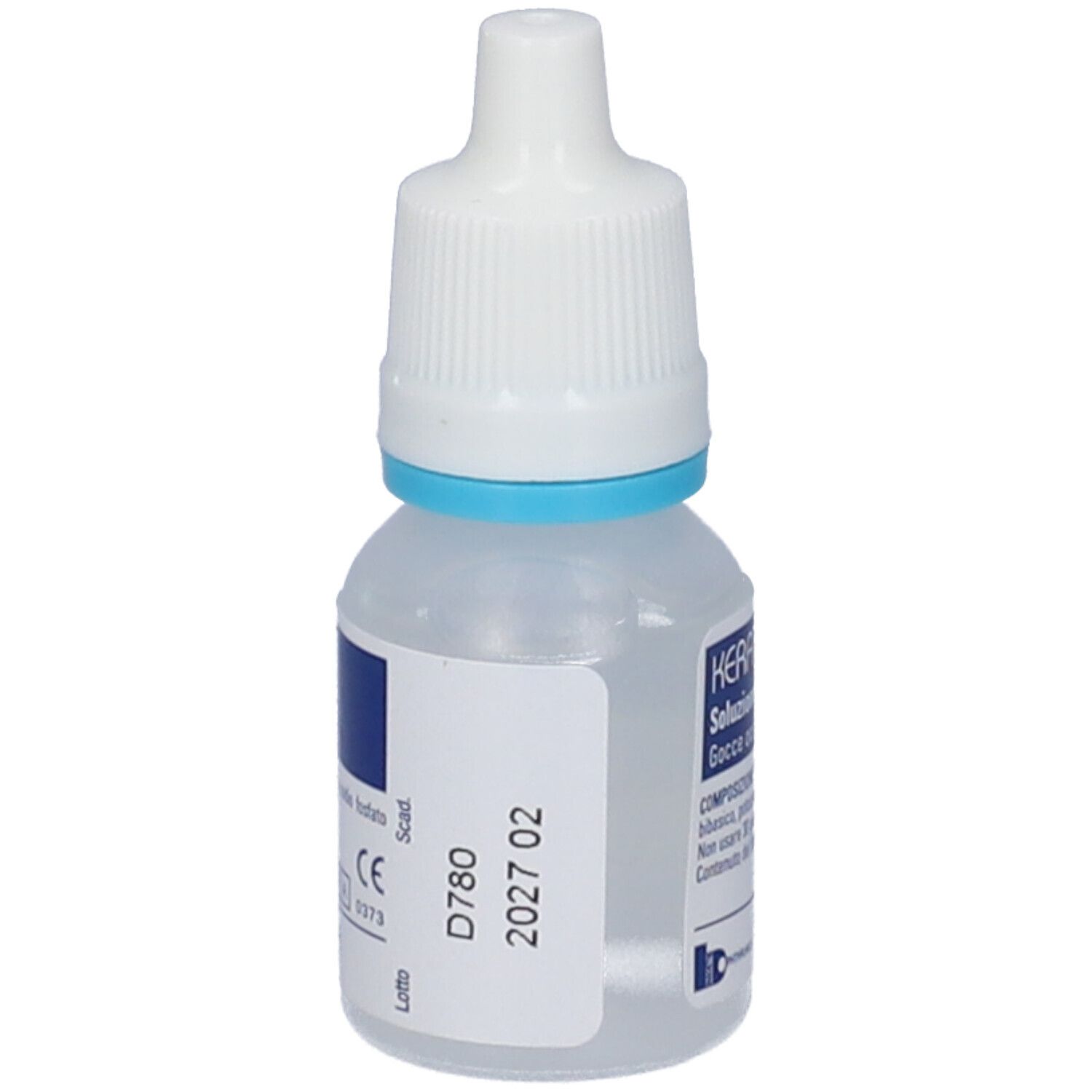 Flacone di gocce oculari KeratoStill con tappo blu. Data di scadenza. Prodotto da Bruschettini. Soluzione sterile.