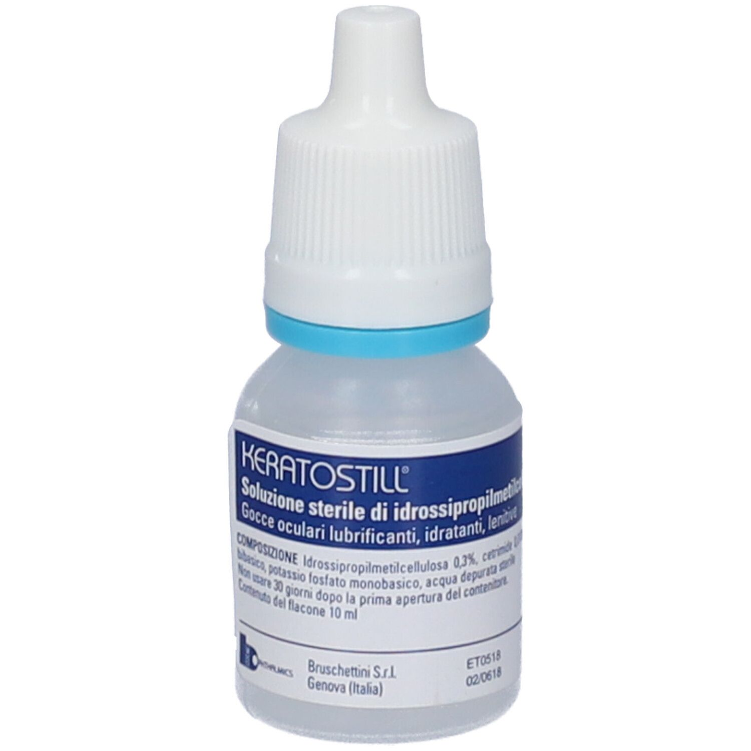Flacone di gocce oculari KeratoStill con tappo blu. Contiene 10 ml. Prodotto da Bruschettini. Soluzione sterile.