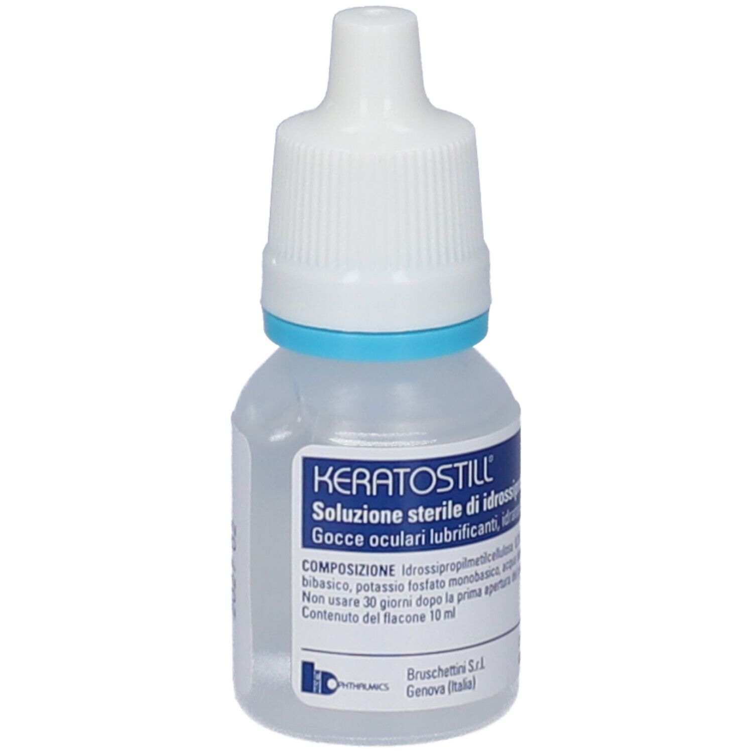 Flacone di gocce oculari KeratoStill con tappo blu. Contiene 10 ml. Prodotto da Bruschettini. Soluzione sterile.