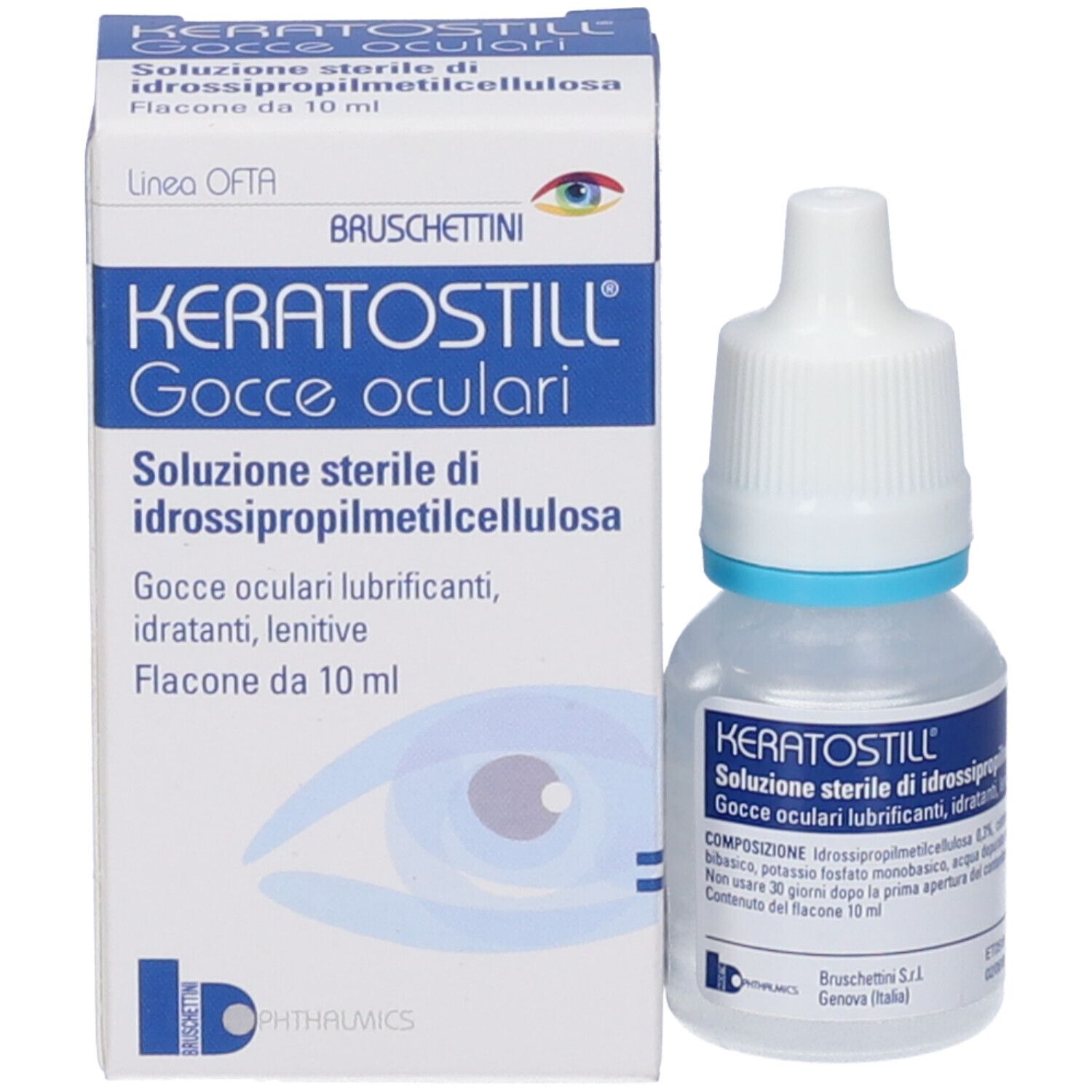 Confezione e flacone di gocce oculari KeratoStill. Contiene 10 ml. Prodotto da Bruschettini. Soluzione sterile.
