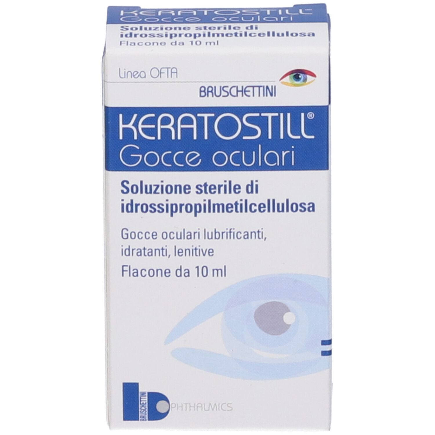 Confezione e flacone di gocce oculari KeratoStill. Contiene 10 ml. Prodotto da Bruschettini. Soluzione sterile.