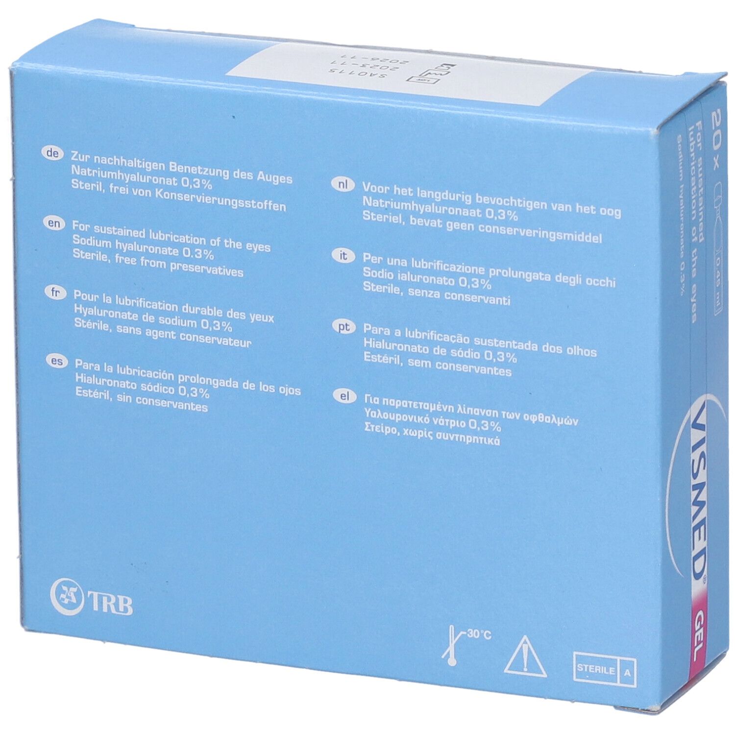 Retro di una scatola azzurra. Informazioni multilingue sul prodotto. Scritto: Vismed Gel, 20x0,45 ml.