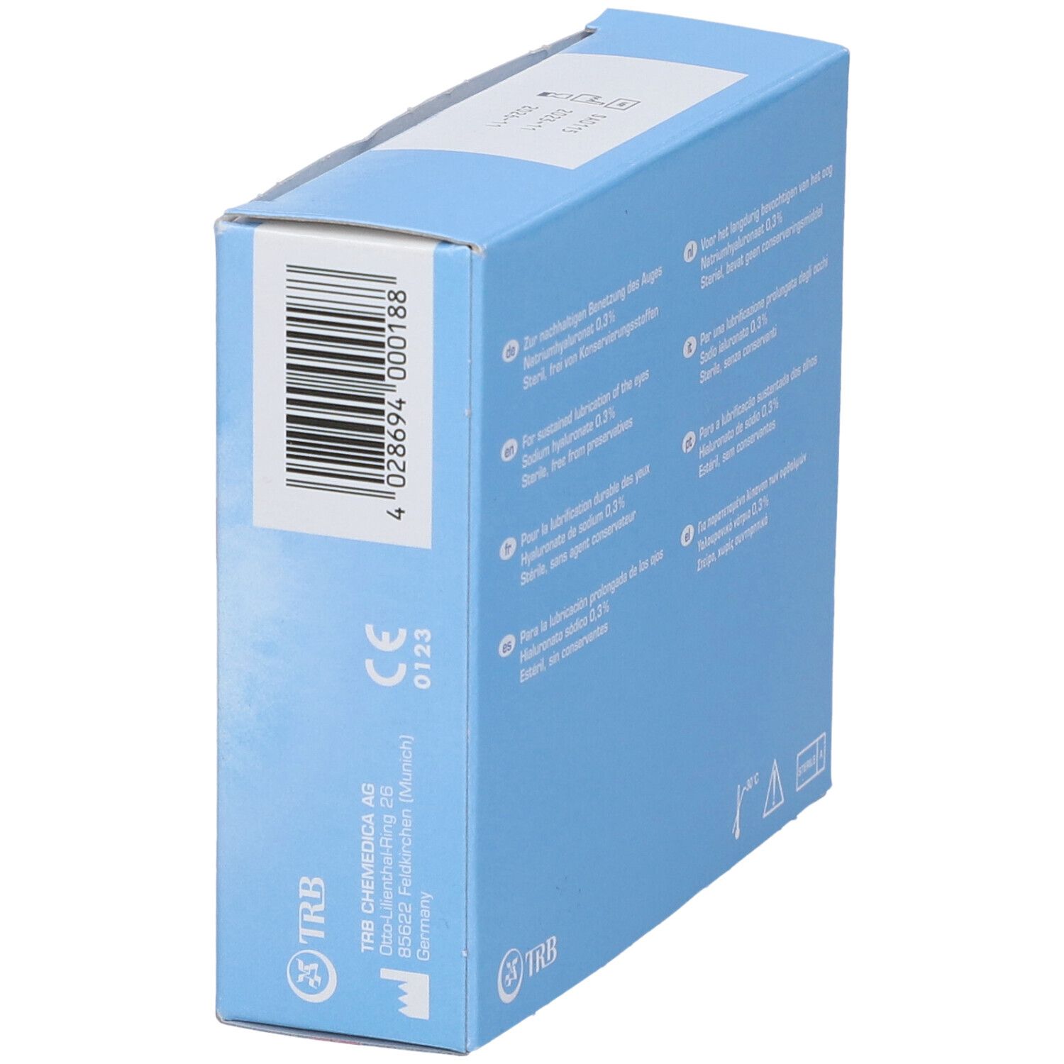 Scatola azzurra, vista laterale con codice a barre e testo. Scritto: Vismed Gel. Informazioni sul produttore.