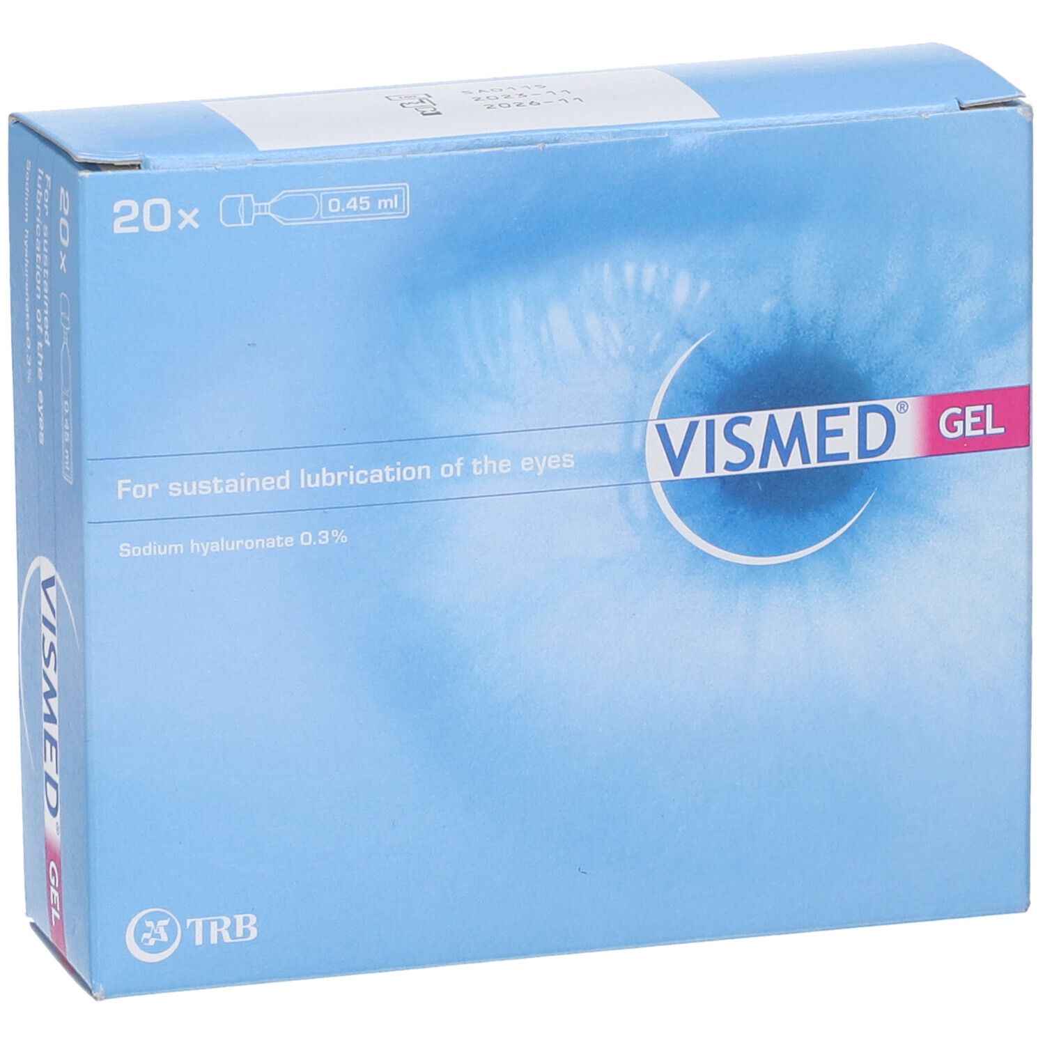 Scatola azzurra con informazioni sul prodotto. Scritto: Vismed Gel, 20x0,45 ml. Testo: Per la lubrificazione prolungata degli occhi.