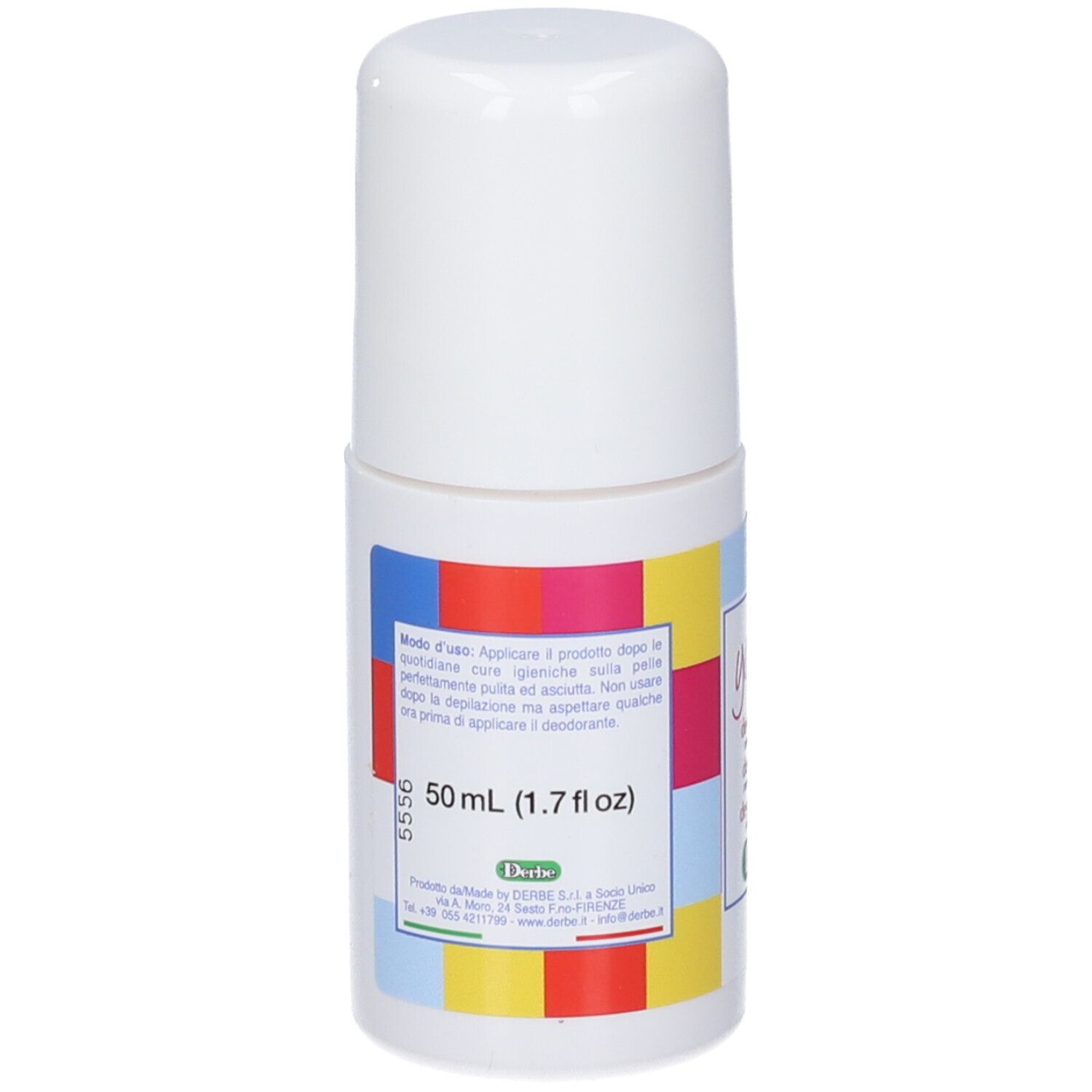 Roll-on bianco. Etichetta con testo: "50 ml (1.7 fl oz)".
