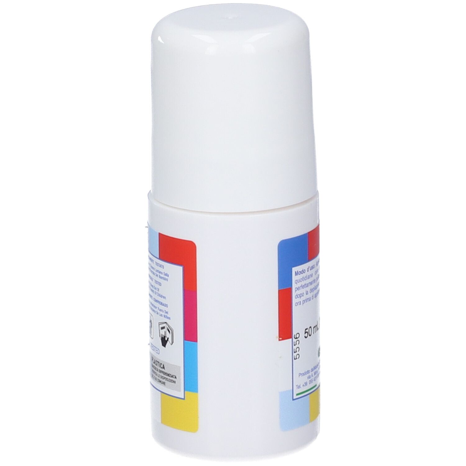 Roll-on bianco. Etichette colorate. Testo e loghi.