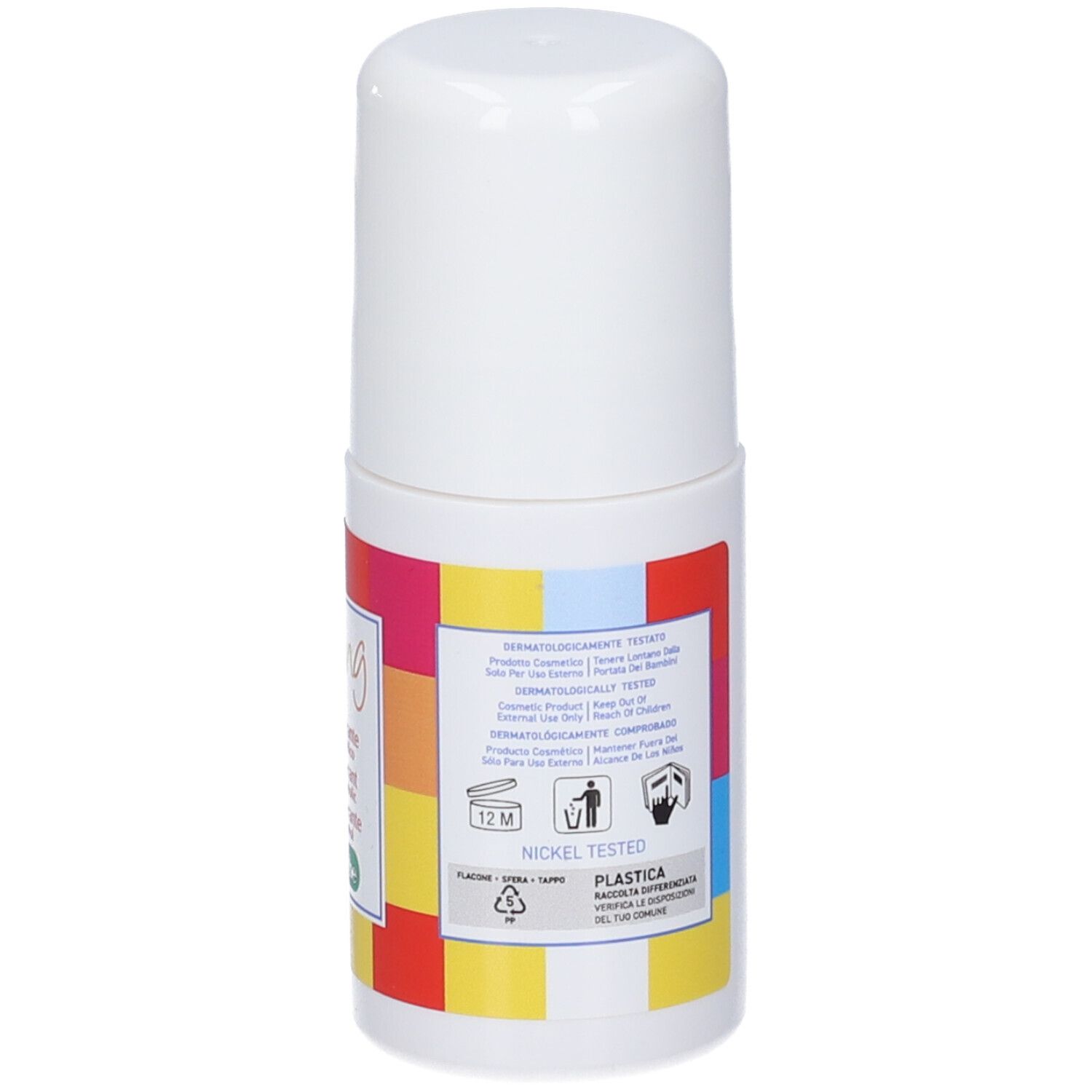 Roll-on bianco. Etichetta con testo e simboli. Nickel tested.