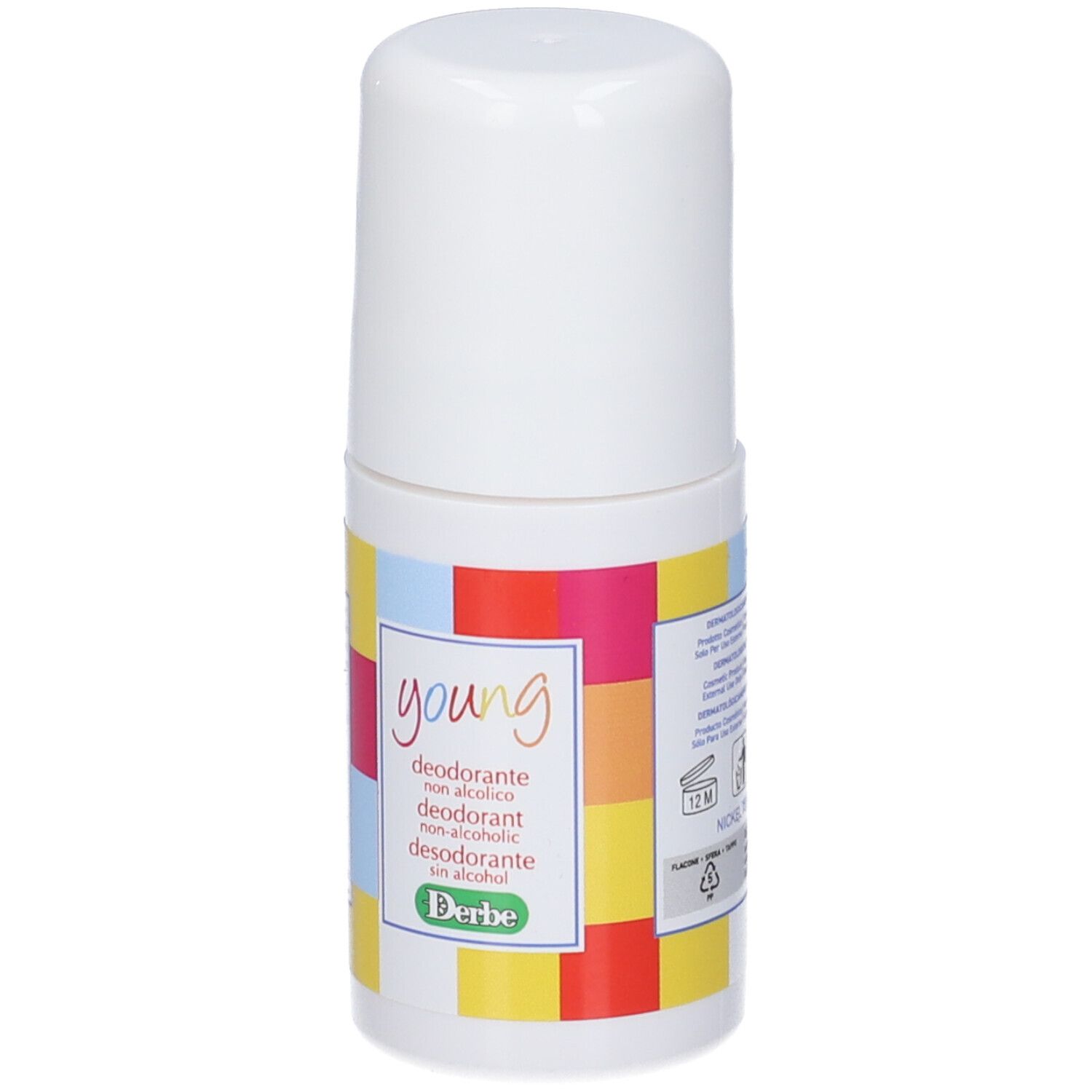 Roll-on bianco con etichetta colorata. Testo: "young", "Deodorante", "Derbe".