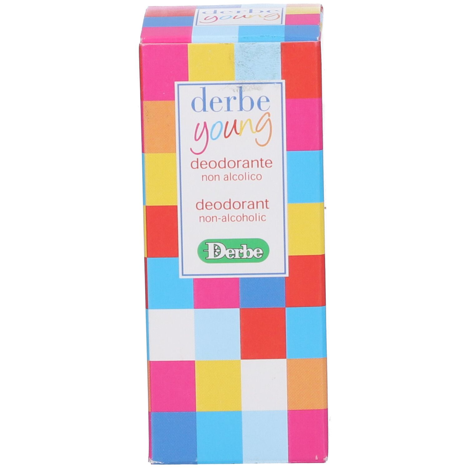 Confezione con testo: "derbe young", "Deodorante". Design multicolore.