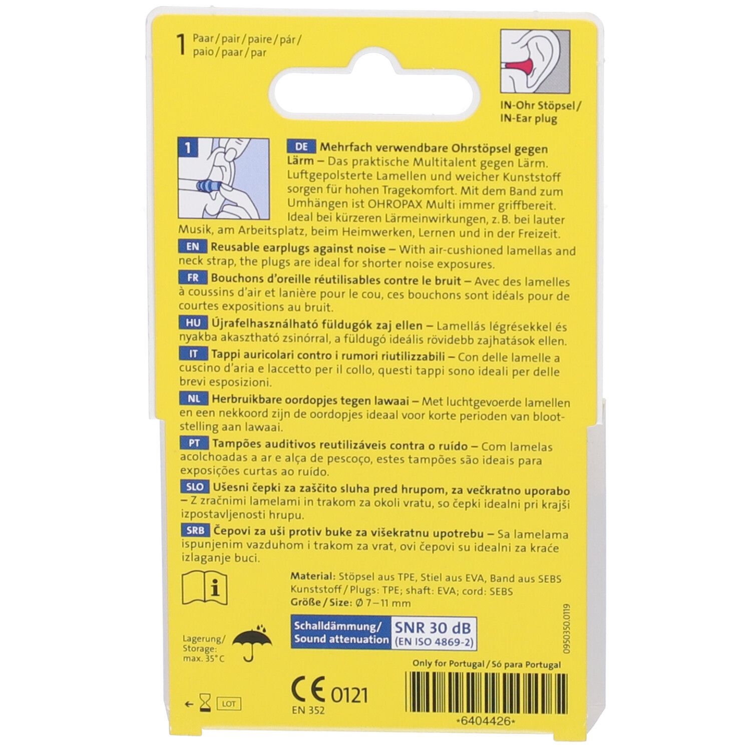 Retro della confezione Ohropax Multi. Testo multilingue. SNR 30 dB. Marchio CE.