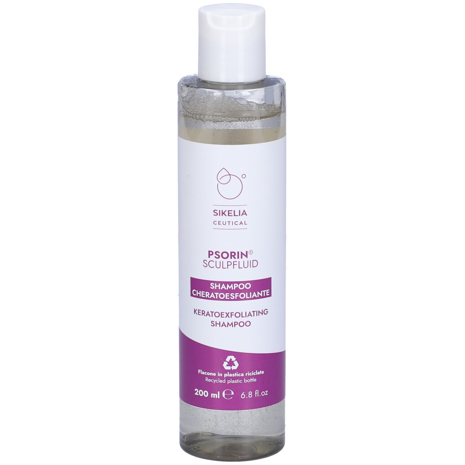 Flacone trasparente con tappo bianco ed etichetta viola. Scritta: Psorin Sculpfluid Shampoo. 200 ml.