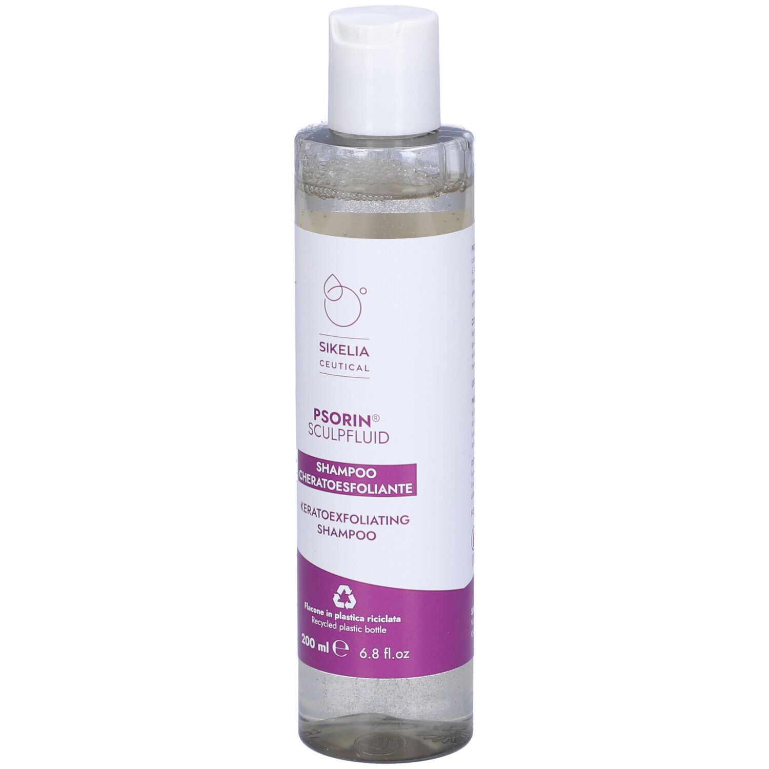 Flacone trasparente con tappo bianco ed etichetta viola. Scritta: Psorin Sculpfluid Shampoo. 200 ml.