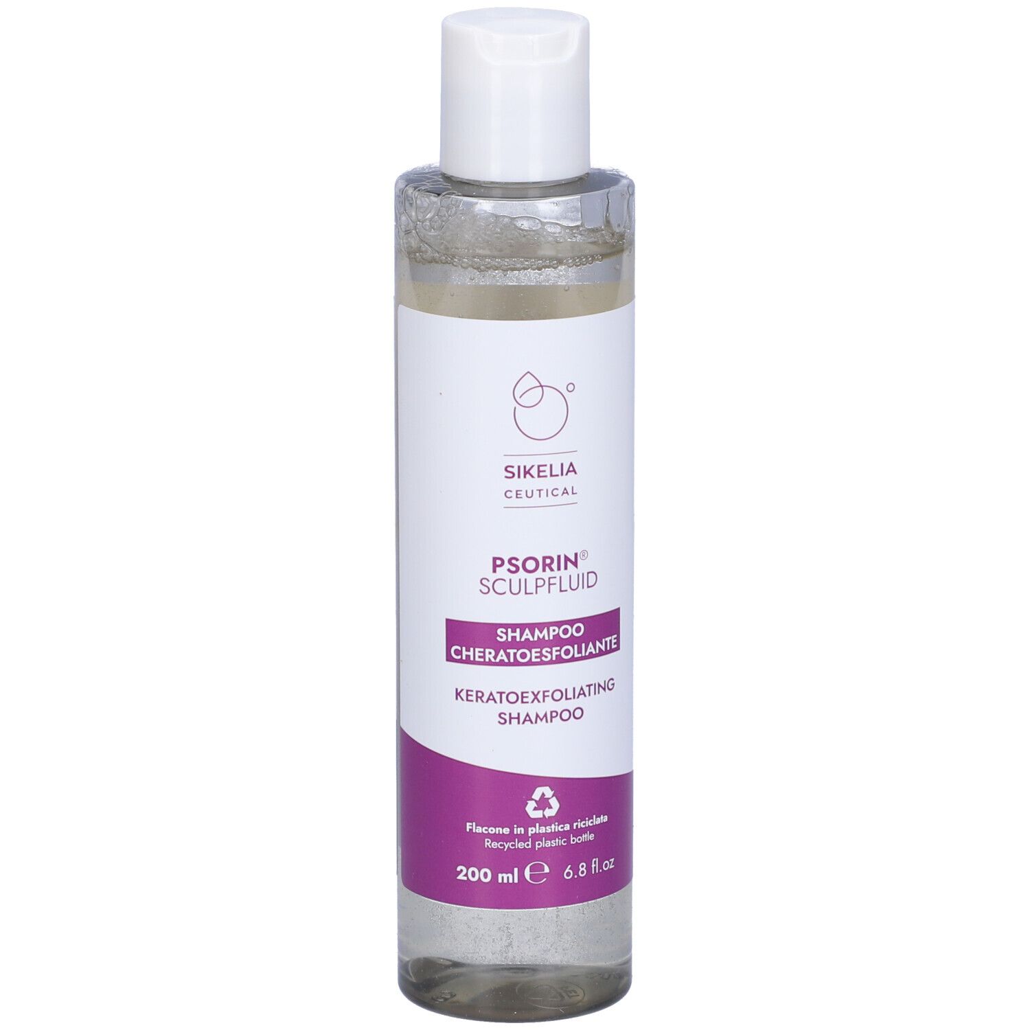 Flacone trasparente con tappo bianco ed etichetta viola. Scritta: Psorin Sculpfluid Shampoo. 200 ml.