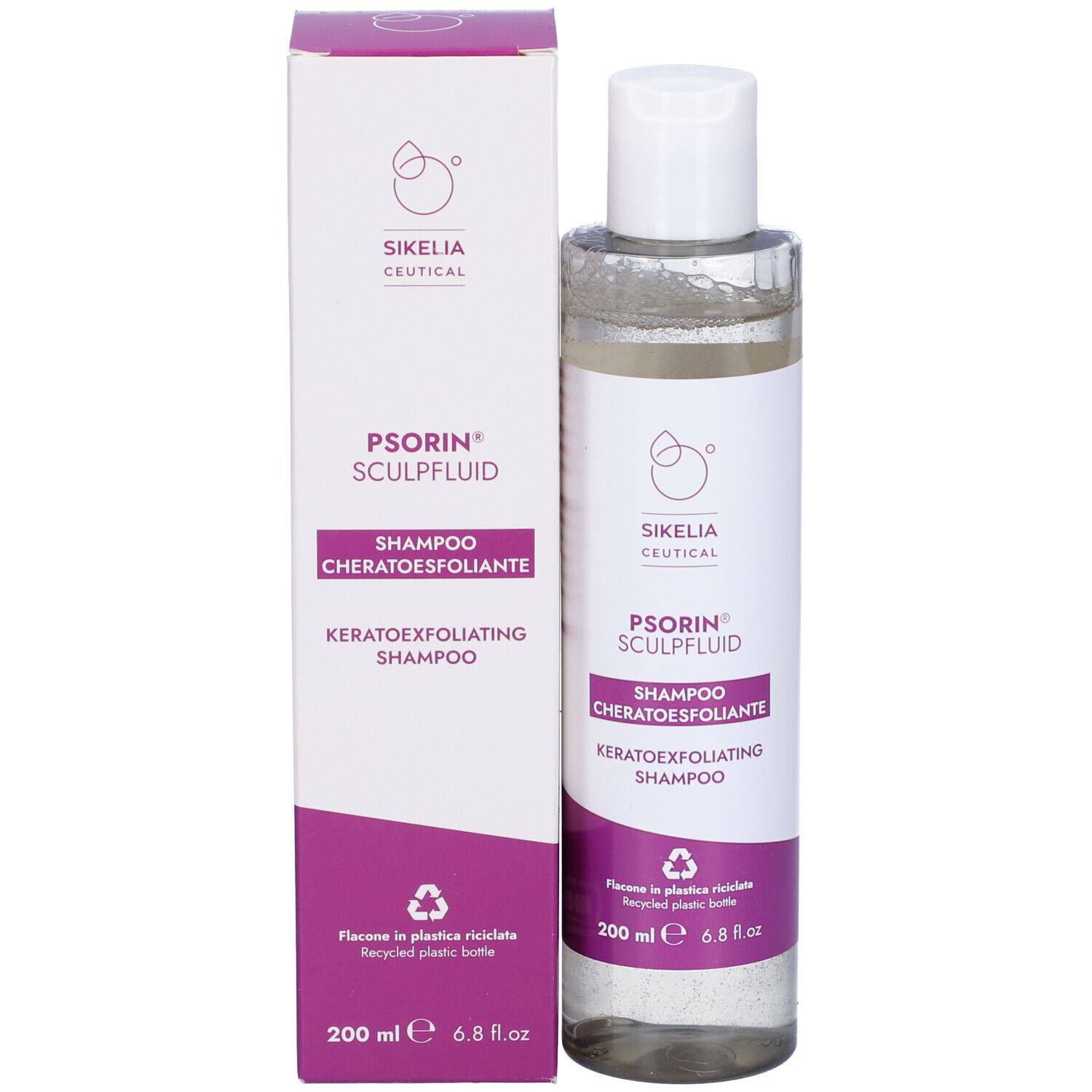 Flacone trasparente con tappo bianco ed etichetta viola. Scritta: Psorin Sculpfluid Shampoo. 200 ml. Con scatola.