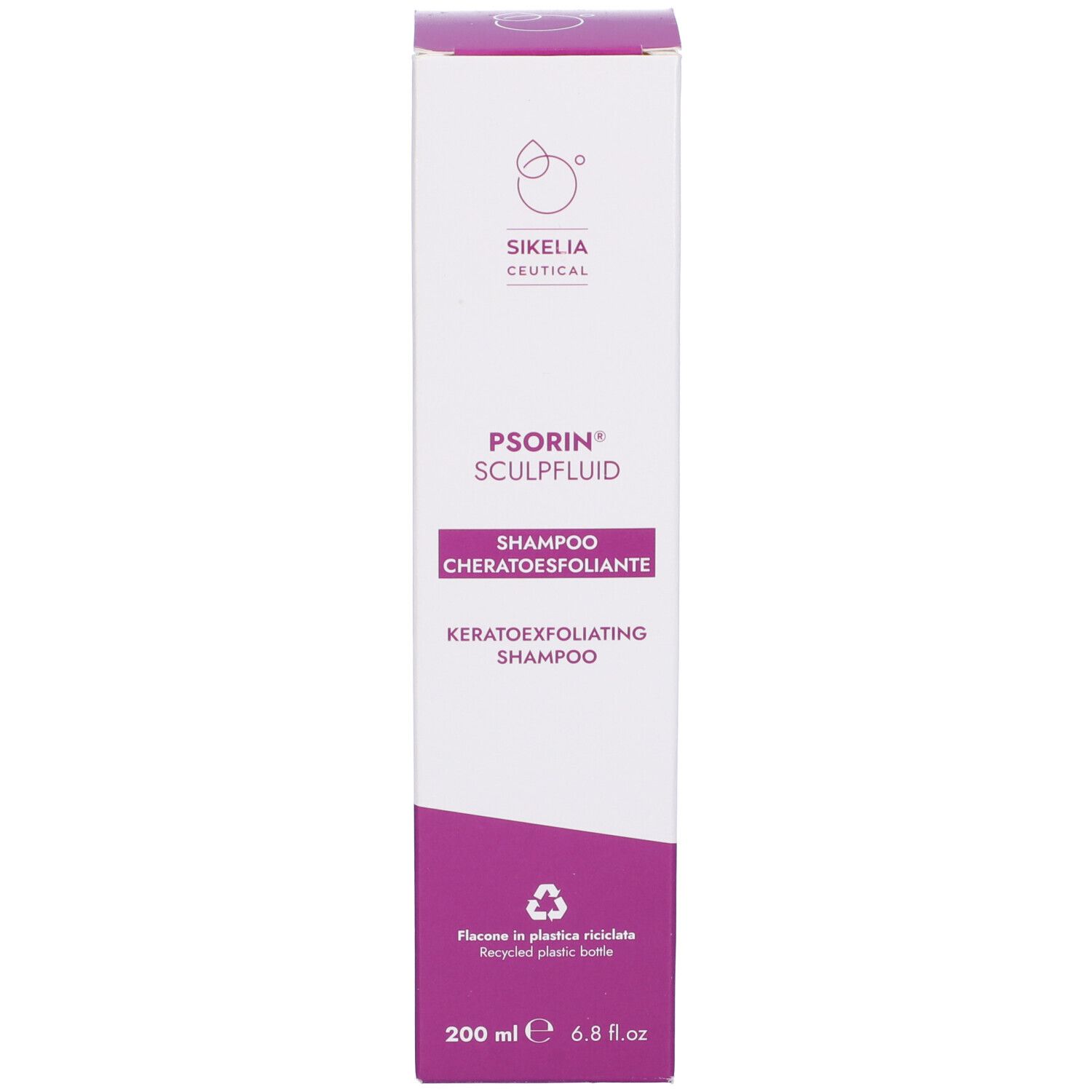 Scatola alta e rettangolare con accenti viola. Scritta: Psorin Sculpfluid Shampoo. 200 ml. Flacone plastica riciclata.