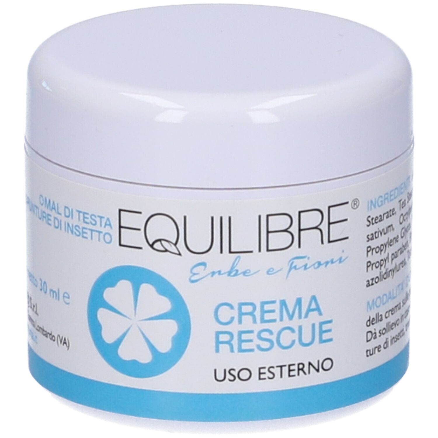 Vaso bianco con base blu. Scritta: EQUILIBRE Crema Rescue. Testo: Uso Esterno. Logo floreale.