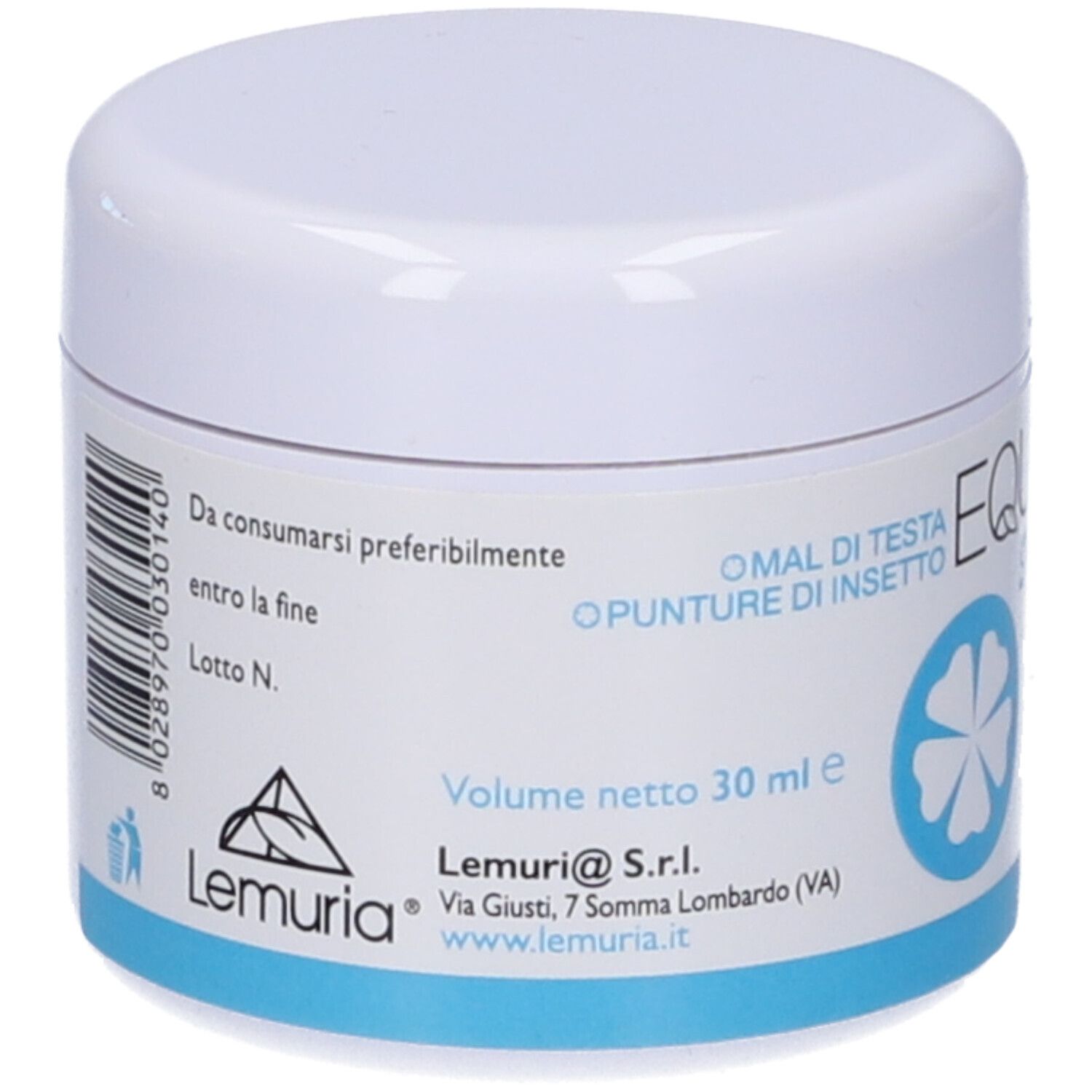 Vaso bianco con base blu. Scritta: EQUILIBRE Crema Rescue. Testo: Uso Esterno. Logo floreale.