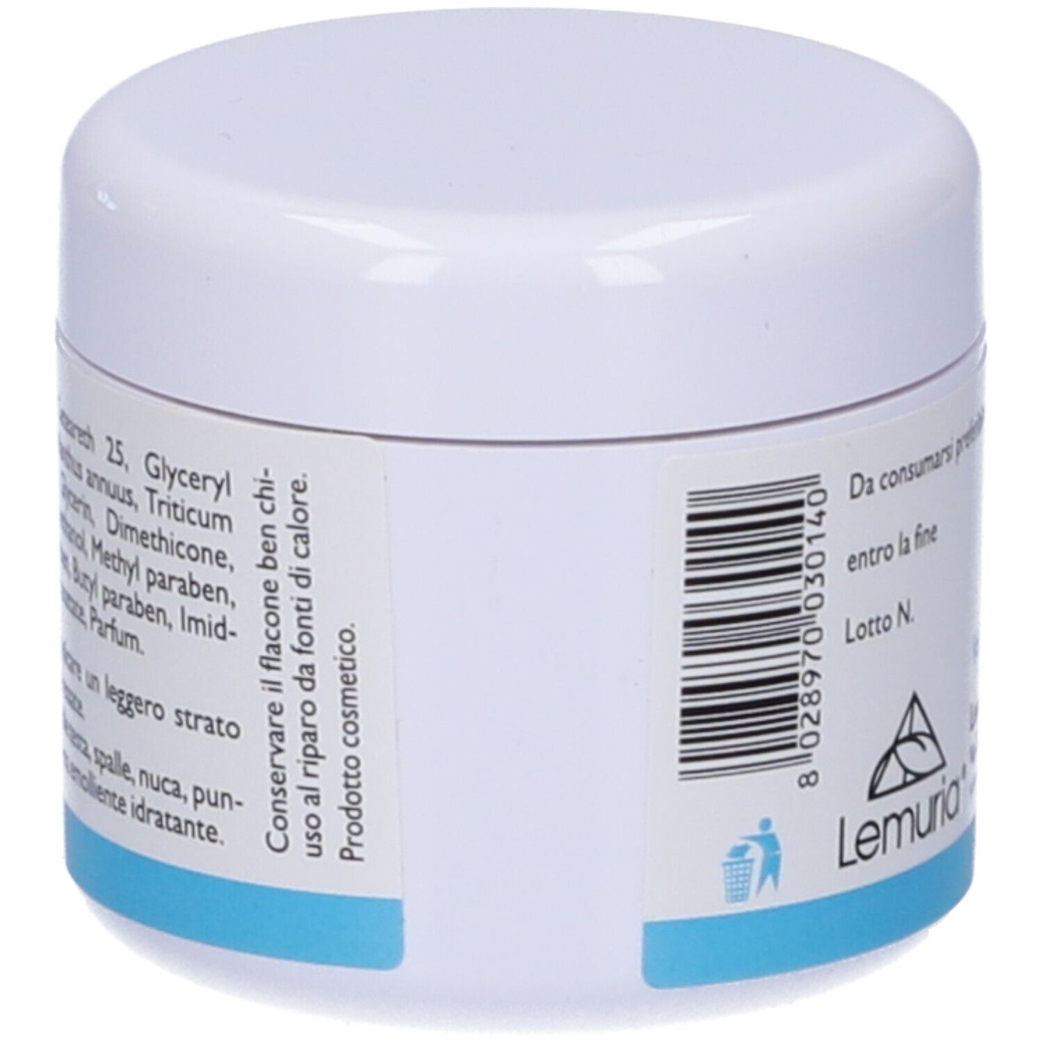 Vaso bianco con base blu. Scritta: Lemuria. Testo: Volume netto 30 ml e. Codice a barre.