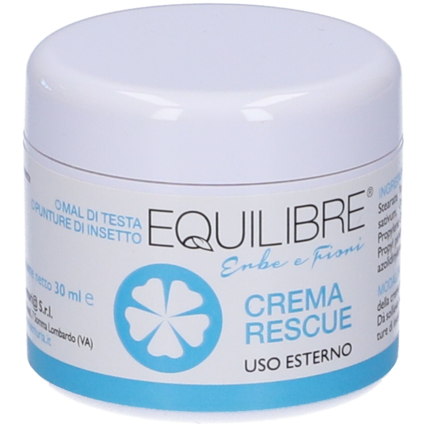 Vaso bianco con base blu. Scritta: EQUILIBRE Crema Rescue. Testo: Uso Esterno. Logo floreale.