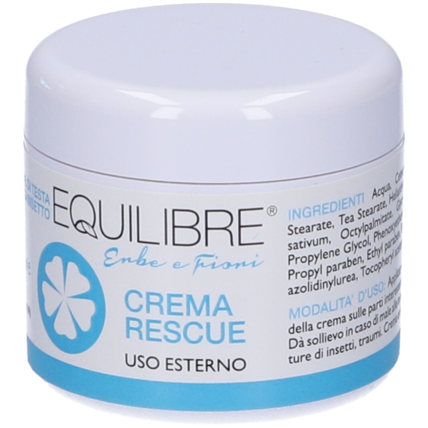 Vaso bianco con base blu. Scritta: EQUILIBRE Crema Rescue. Testo: Uso Esterno. Logo floreale.