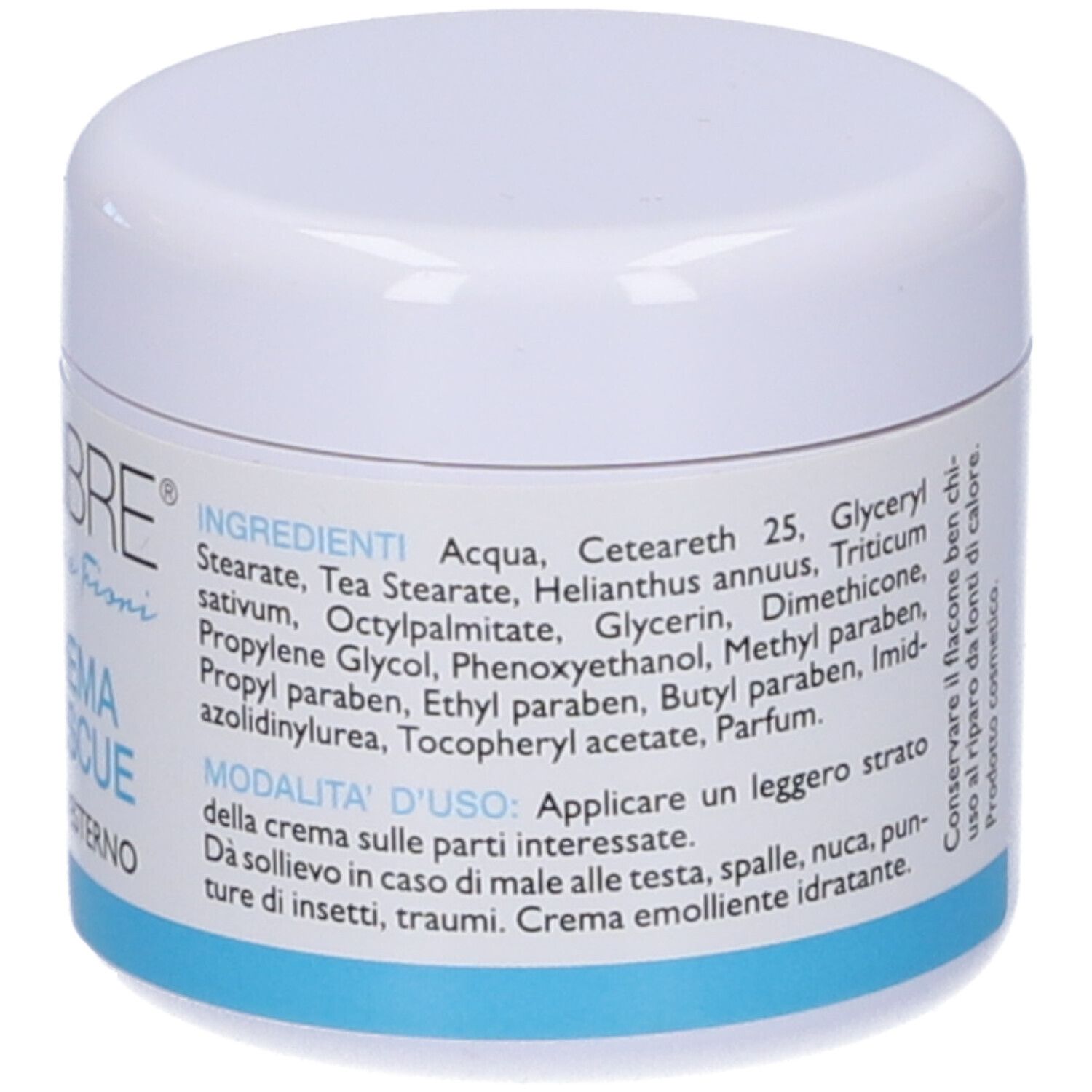 Vaso bianco con base blu. Scritta: EQUILIBRE Crema Rescue. Testo: Uso Esterno. Elenco ingredienti.