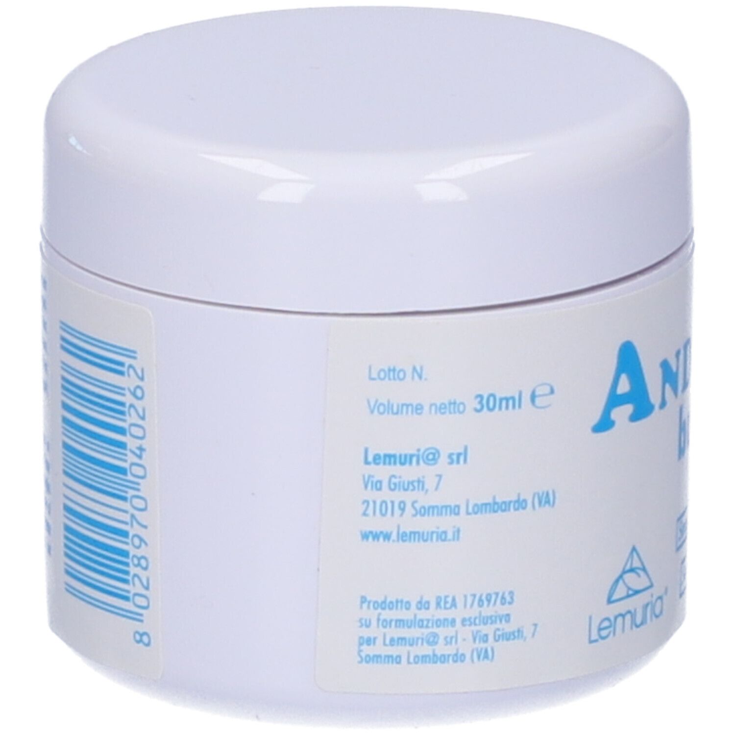 Vasetto bianco con etichetta blu. Scritta: Volume netto 30ml. Informazioni su Lemuri@ srl, codice a barre.