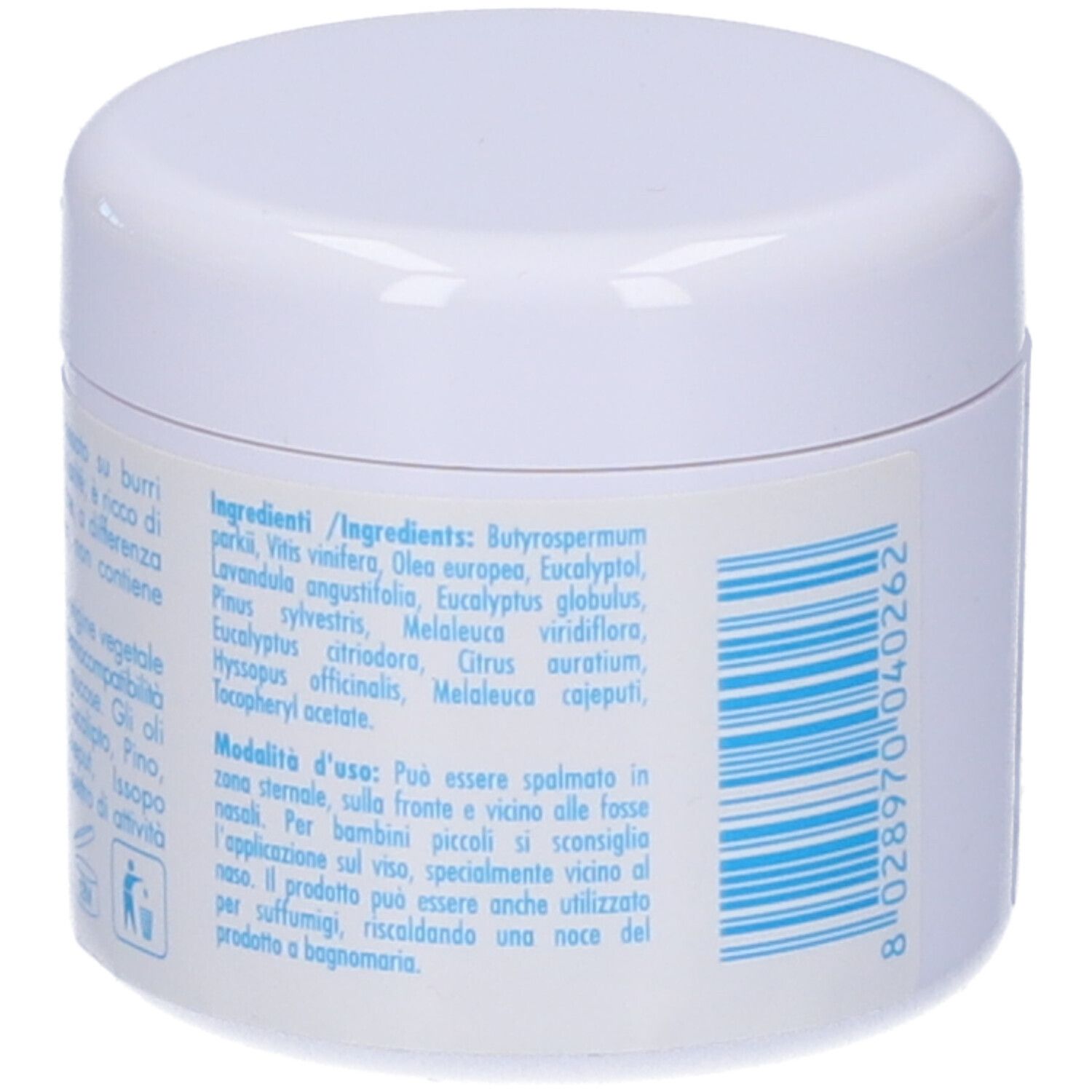 Vasetto bianco con etichetta blu. Elenco ingredienti: Butyrospermum parkii, Vitis vinifera, etc. Codice a barre.