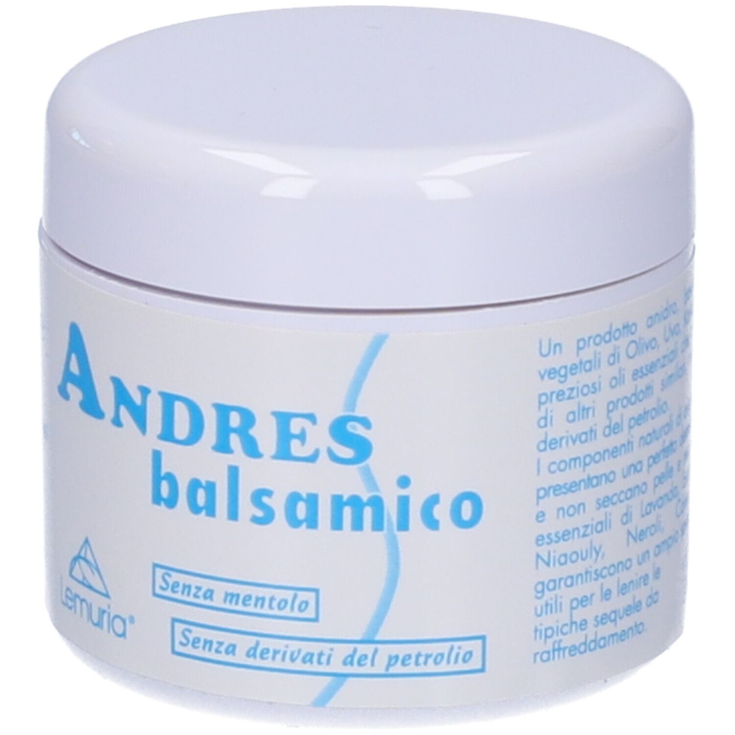 Vasetto bianco con etichetta blu. Scritta: Andres balsamico, Lemuria. Senza mentolo, senza derivati del petrolio.