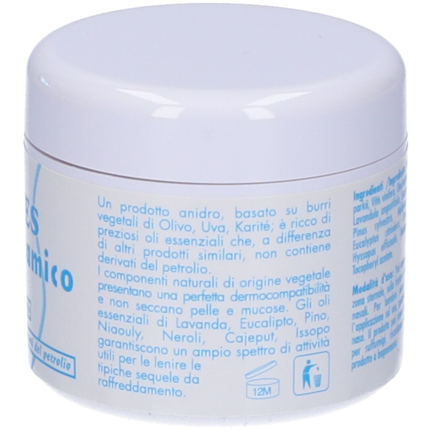 Vasetto bianco con etichetta blu. Testo su ingredienti e utilizzo. Simbolo 12M. Simbolo bidone.